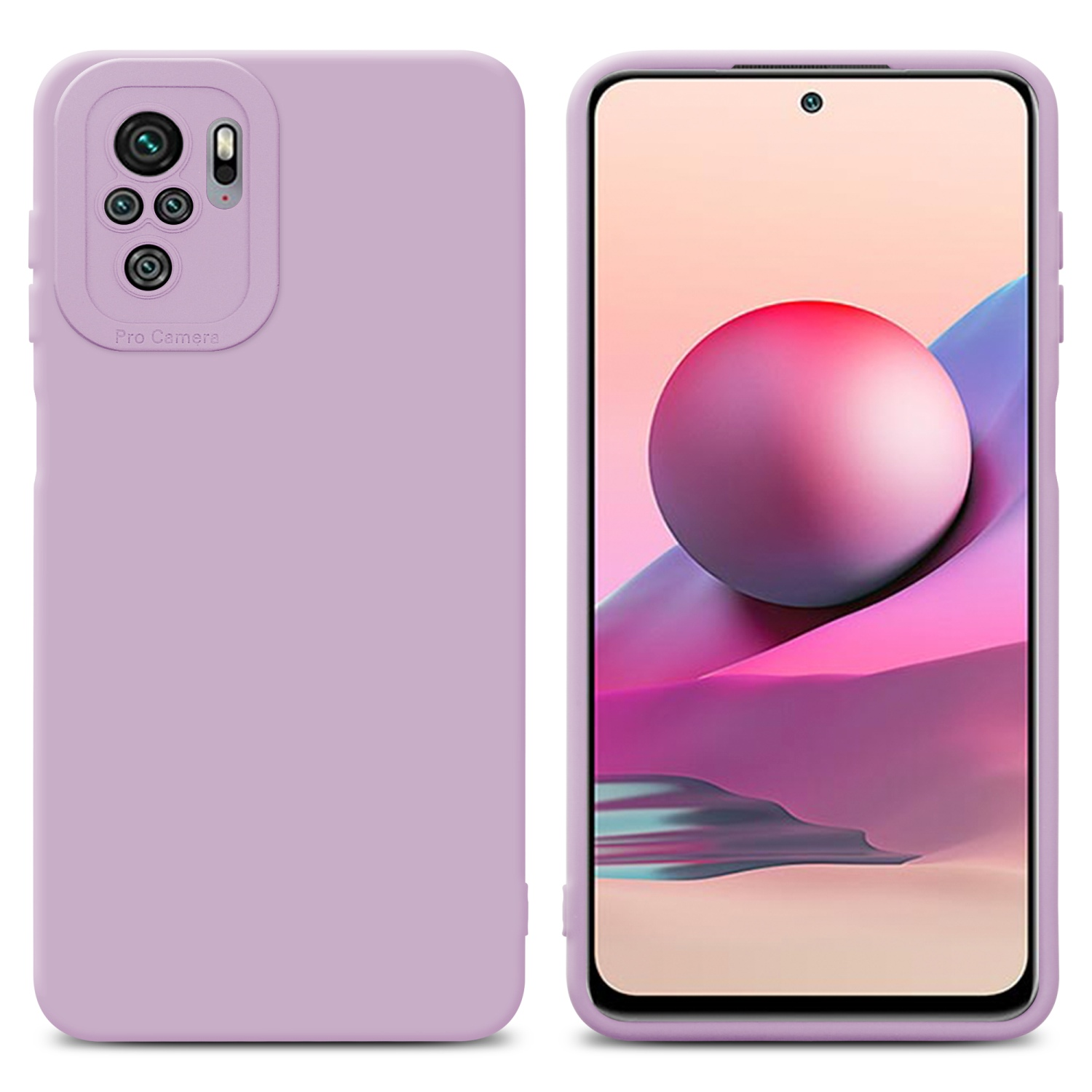 Custodia per telefono lilla con telefono a destra. Lo schermo del telefono mostra una sfera viola.