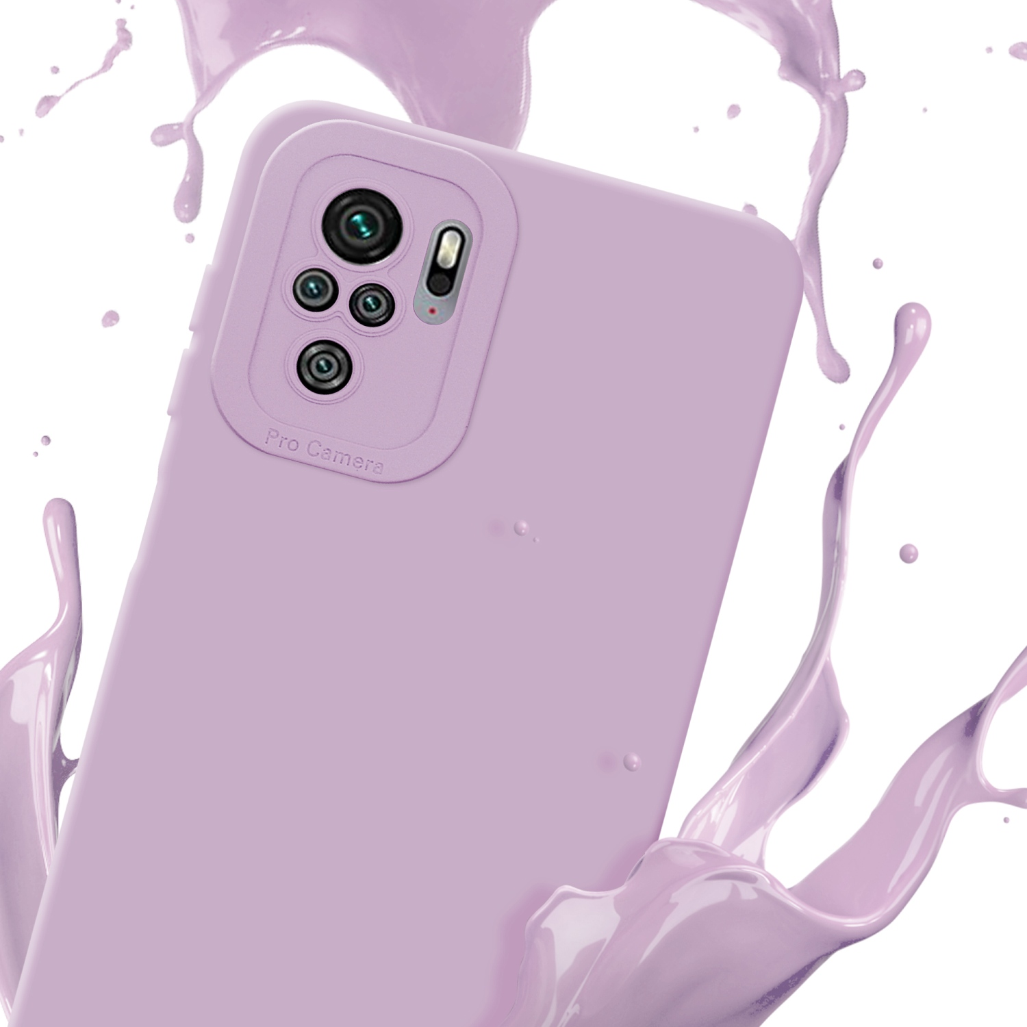 Custodia per telefono lilla con fotocamera. Schizzo di vernice lilla sullo sfondo. Sfondo bianco.