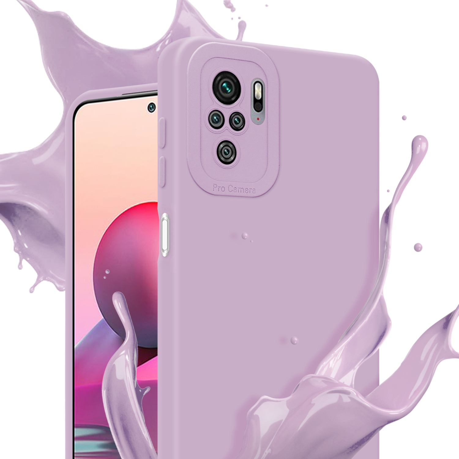 Custodia lavanda con telefono che mostra lo schermo, con uno schizzo di liquido color lavanda.