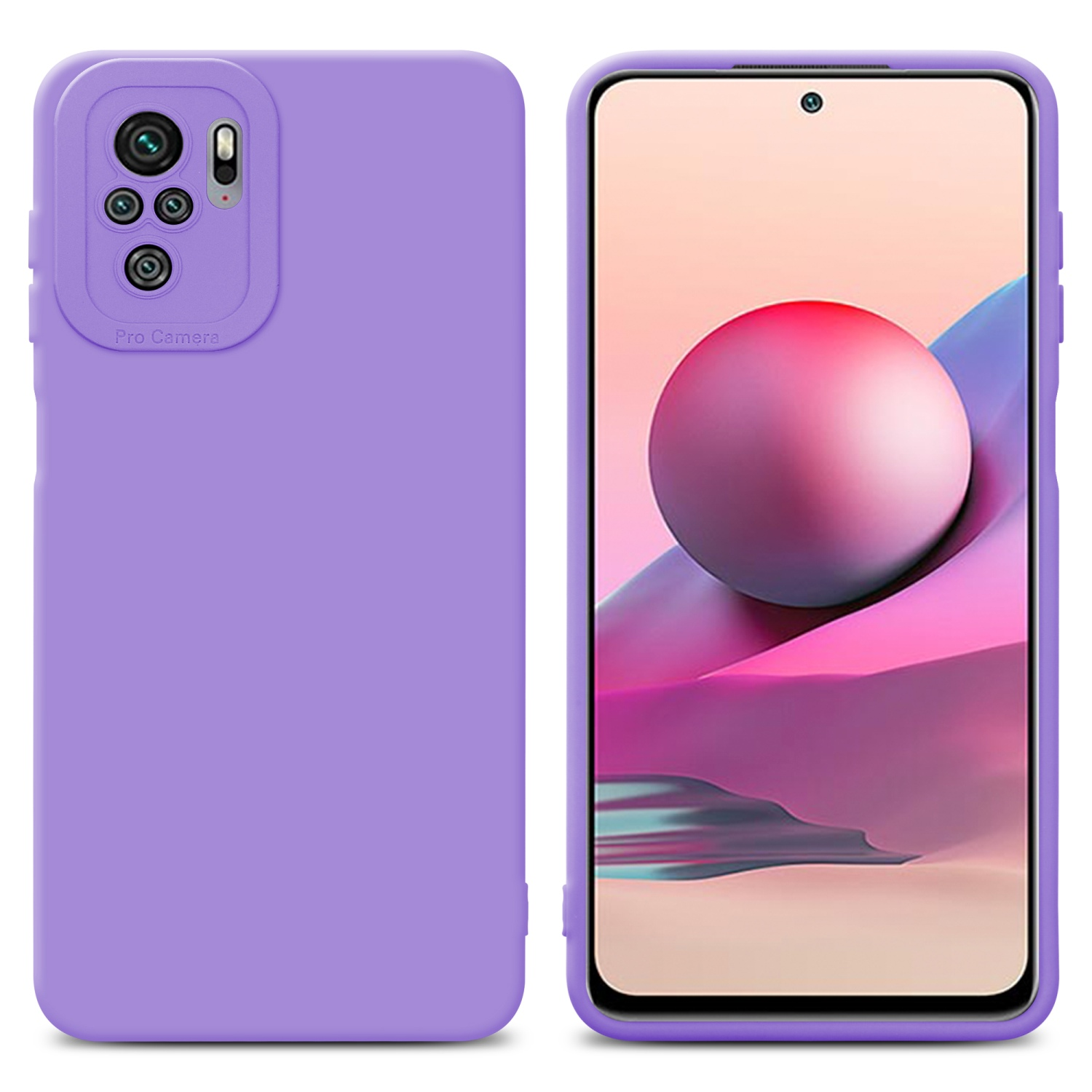Custodia per telefono viola con tripla fotocamera, schermo del telefono a destra.