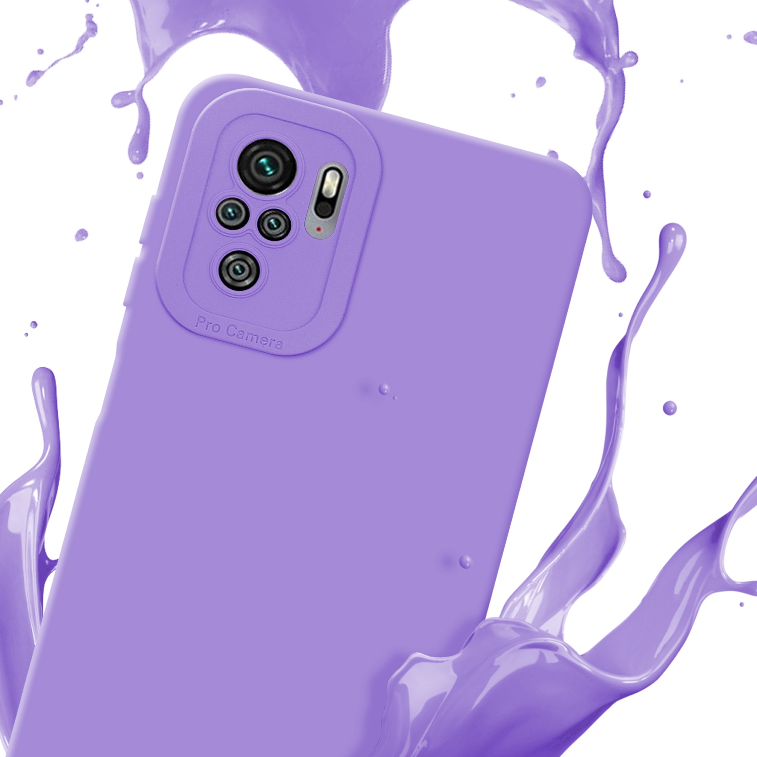 Custodia per telefono viola con fotocamera, spruzzo di liquido viola su sfondo bianco.