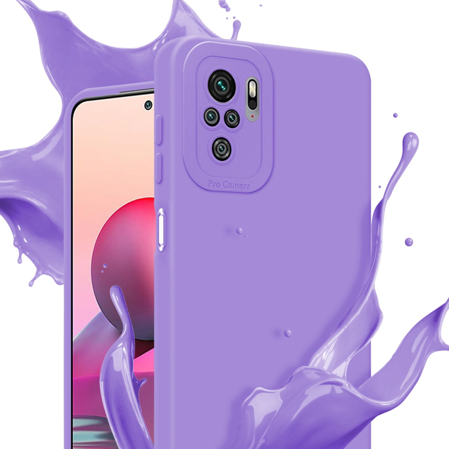 Una custodia per telefono viola con schizzi di vernice viola intorno. Sfondo bianco.