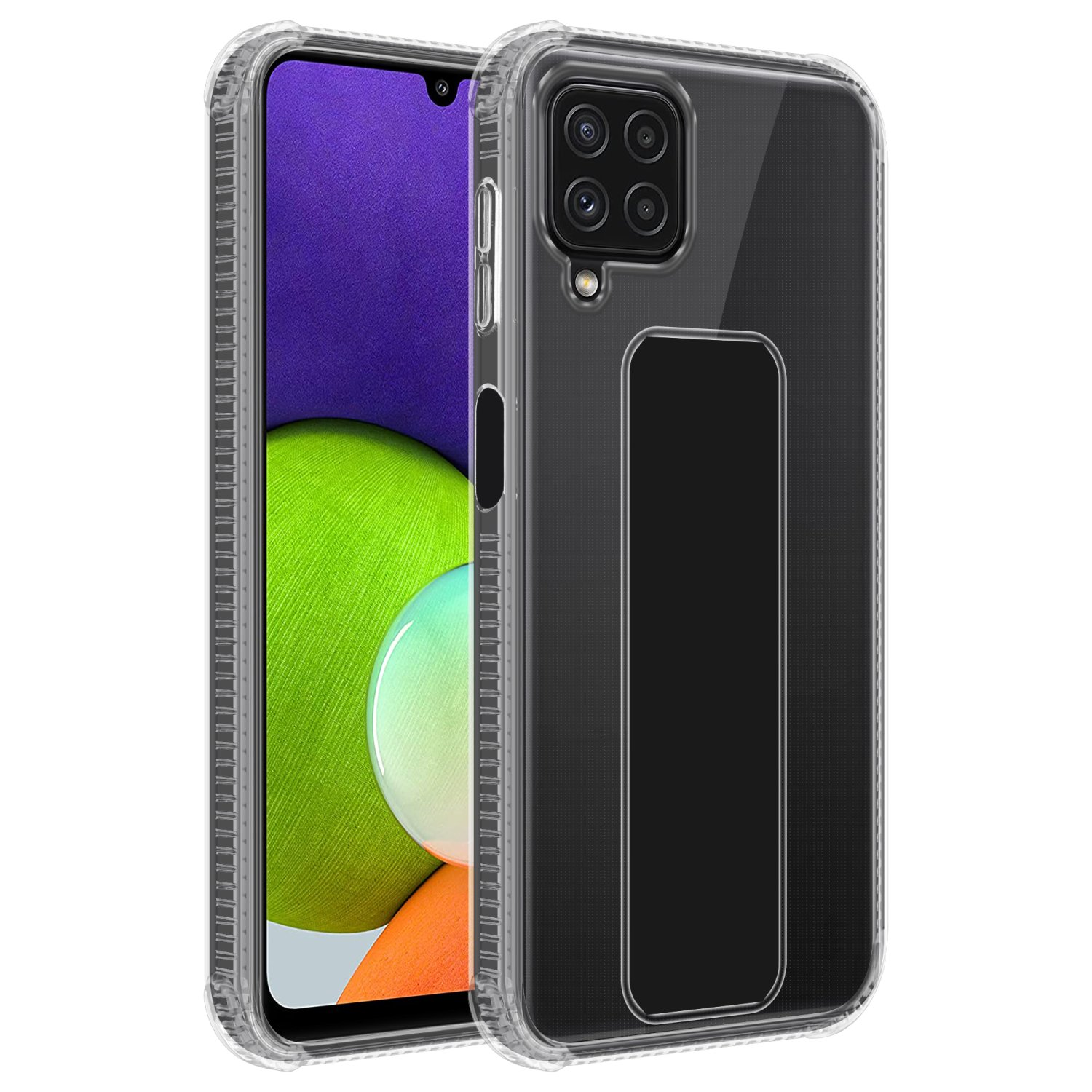 Eine transparente Handyhülle mit einem schwarzen Telefon darin. Die Hülle hat einen Ständer.