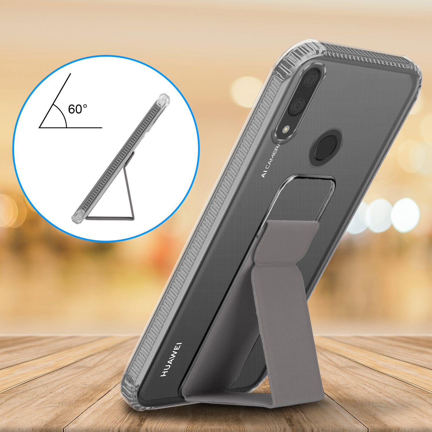Transparente Handyhülle mit Telefon, Ständer. Telefon ist um 60 Grad geneigt. Holz-Hintergrund.