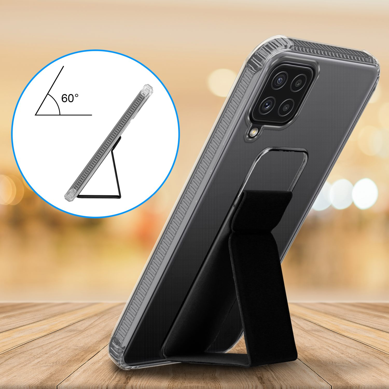 Telefon in einer transparenten Hülle mit Ständer. Der Ständer ist schwarz. Verschwommener Hintergrund.