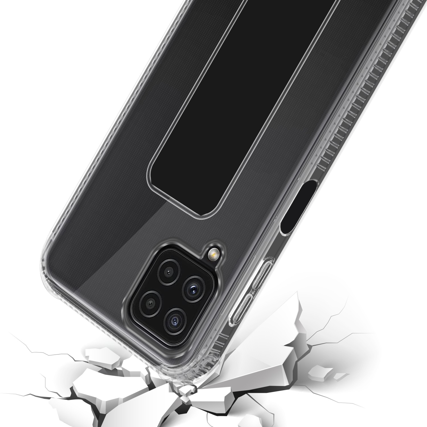 Transparente Handyhülle mit Ständer. Das Telefon liegt auf weißer, rissiger Oberfläche.