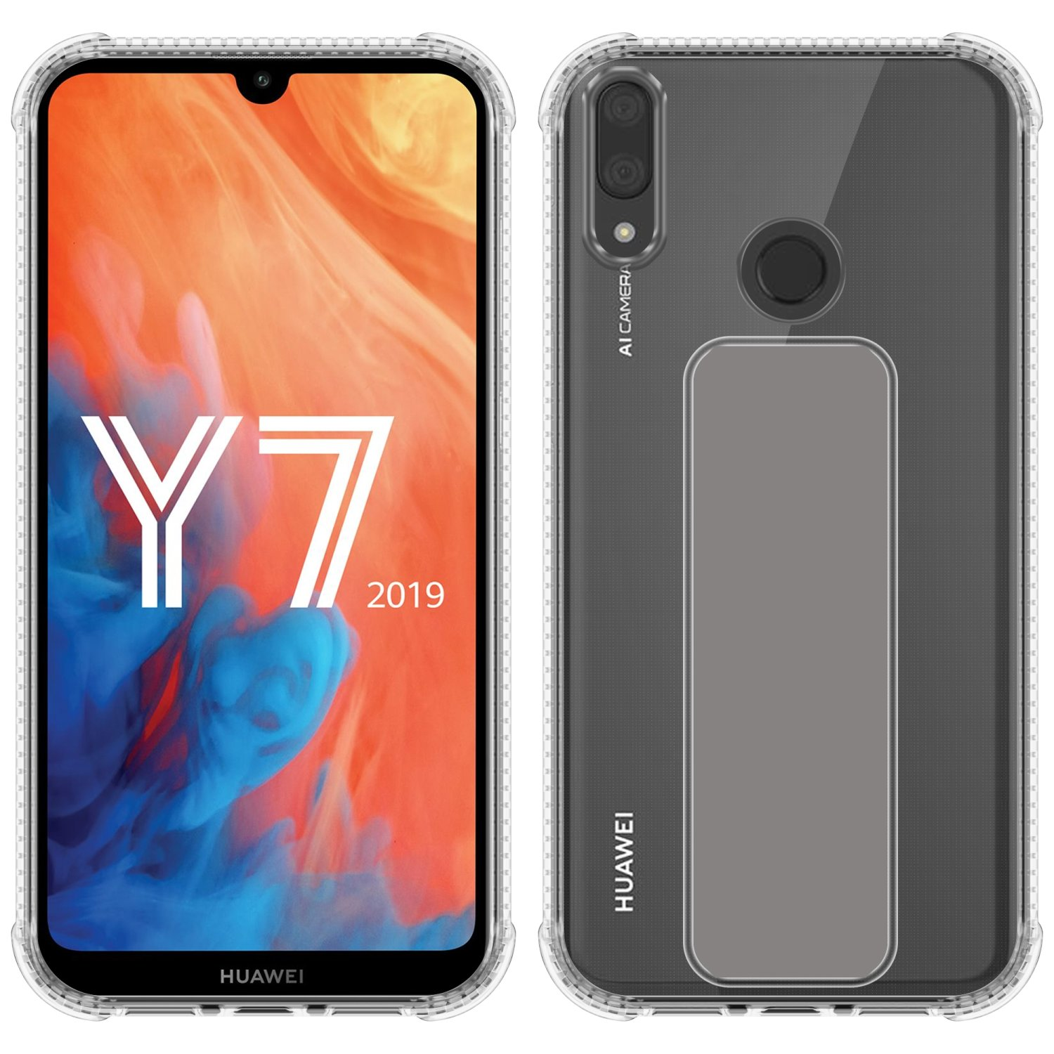 Eine Handyhülle mit einem Telefon darin. Das Telefon zeigt Y7 2019. Klare Hülle.
