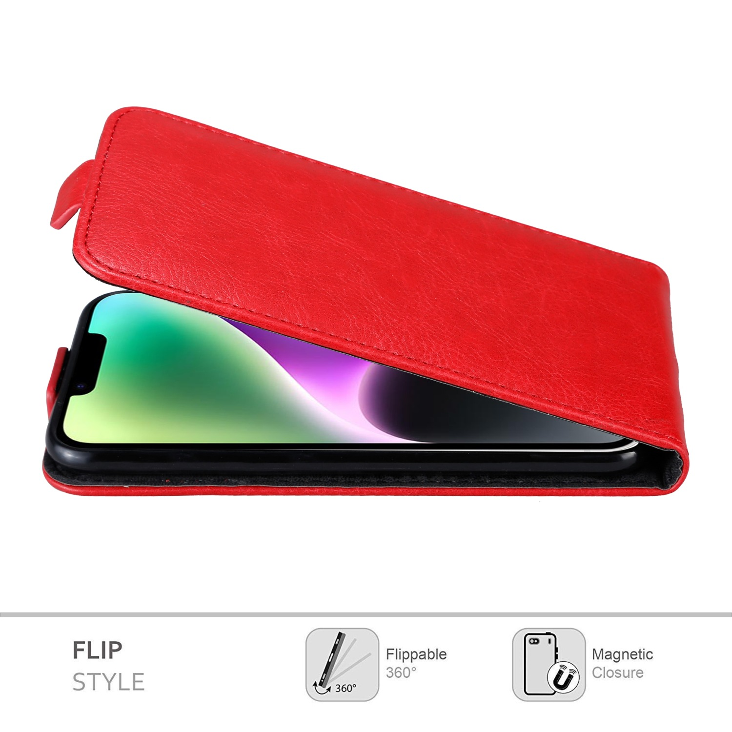 Rote Flip-Handyhülle offen, Bildschirm sichtbar. Symbole beschreiben Klapp- und Magnetfunktionen.