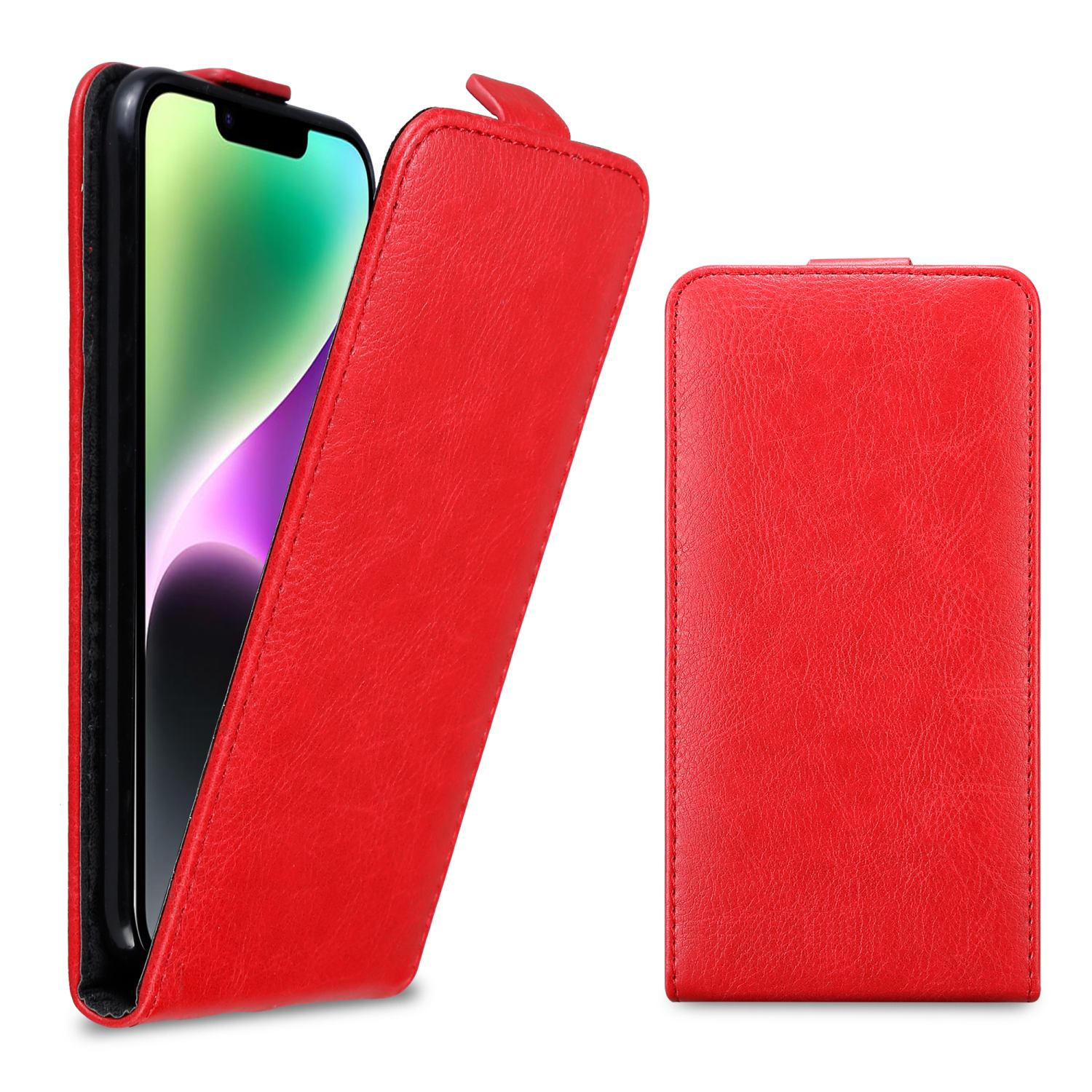 Rote Handyhülle, offen und geschlossen. Das Telefon ist innen, mit grünem und lila Bildschirm.