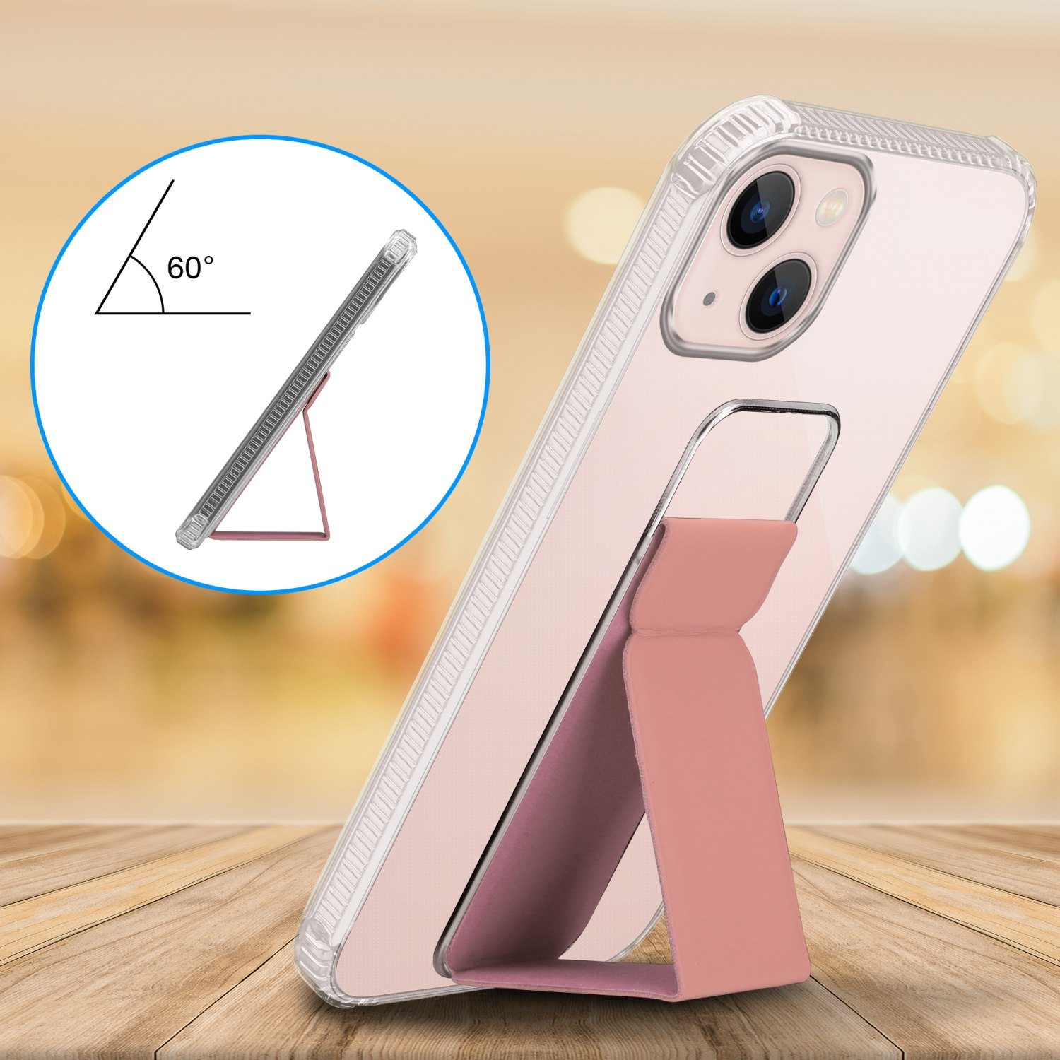 Telefon in einer transparenten Hülle mit Ständer. Das Telefon steht auf einer Holzoberfläche.