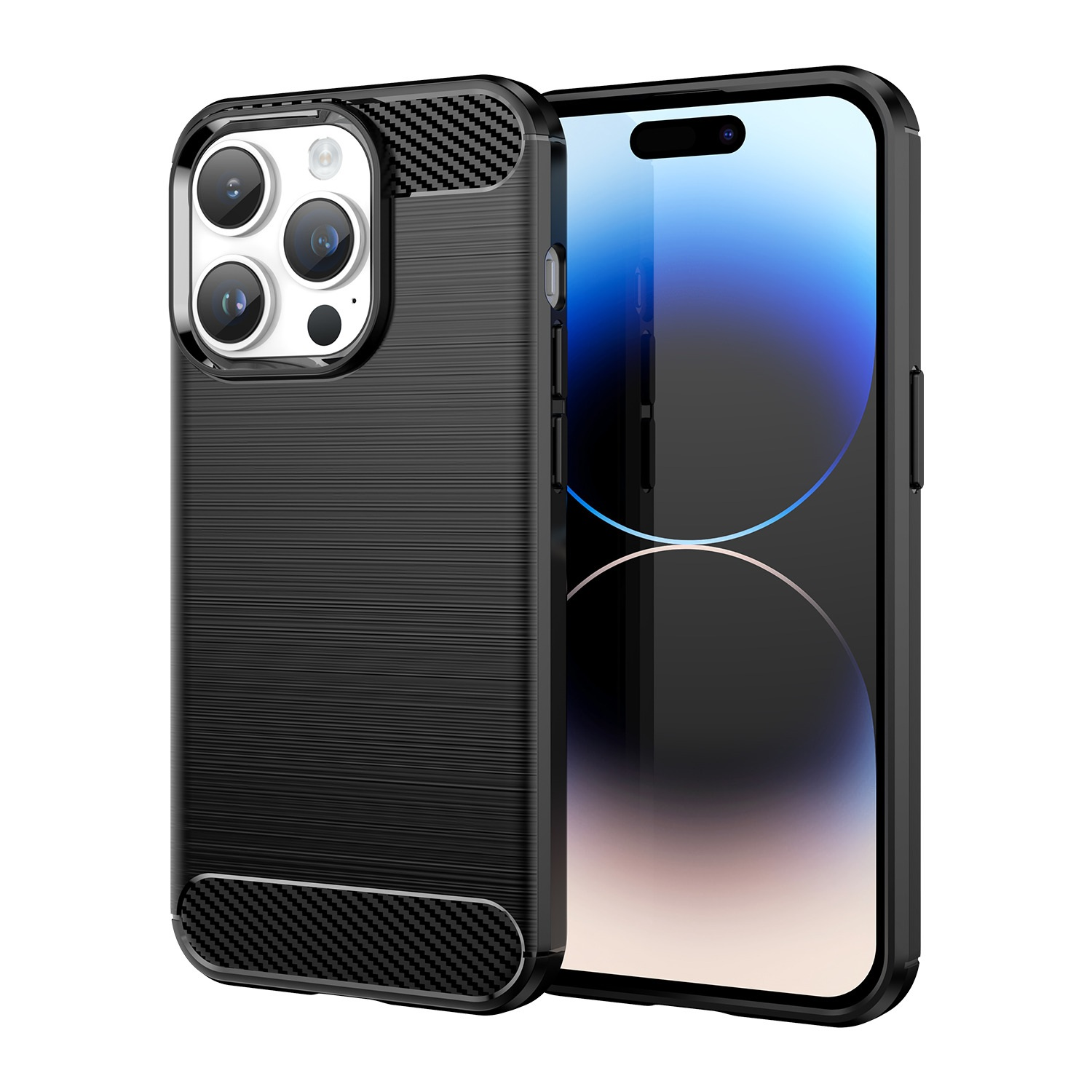 Schwarze Handyhülle mit strukturierter Rückseite. Ein Telefon mit Display ist rechts positioniert.