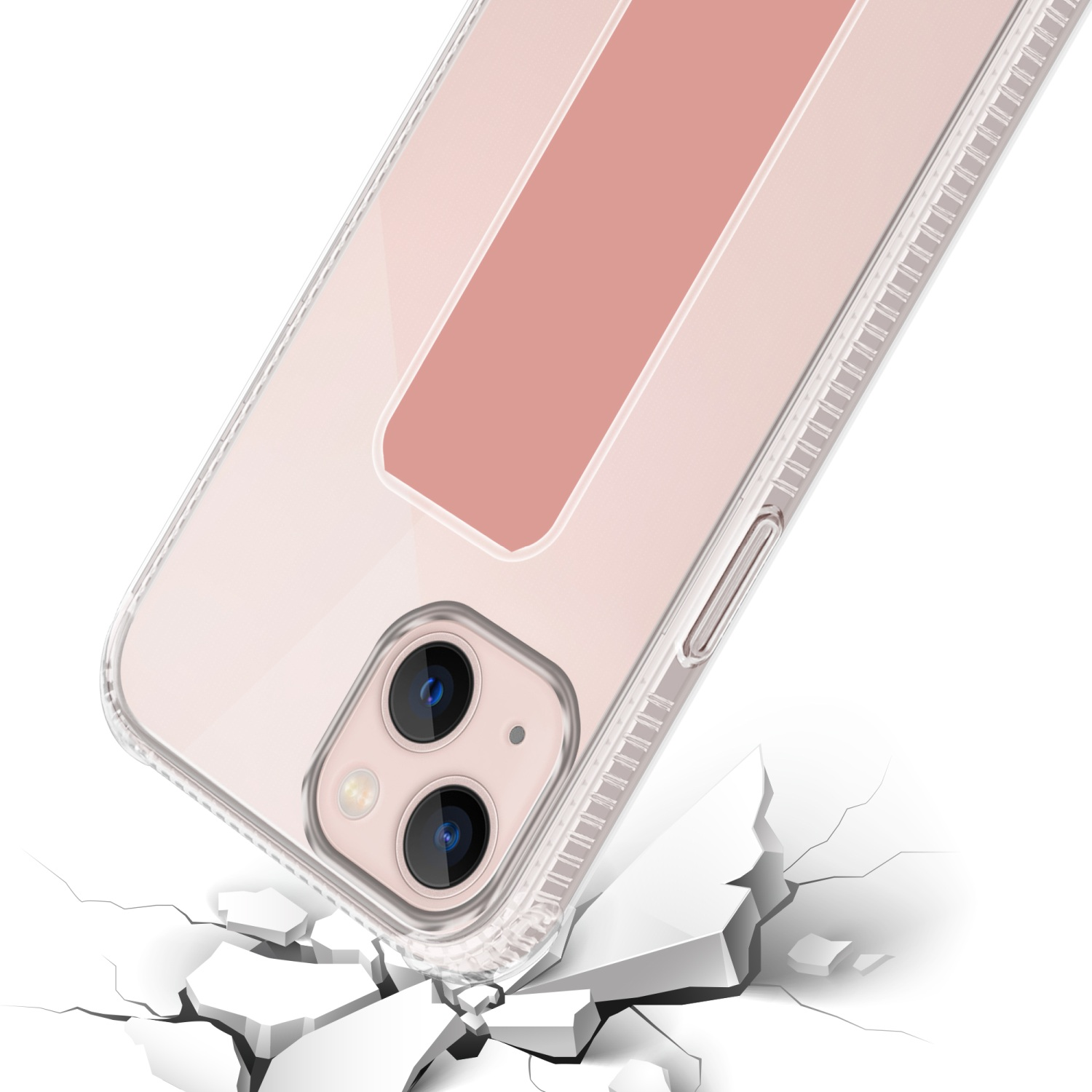 Transparente Handyhülle mit pinkfarbenem Streifen, die auf eine zerbrochene Oberfläche fällt.