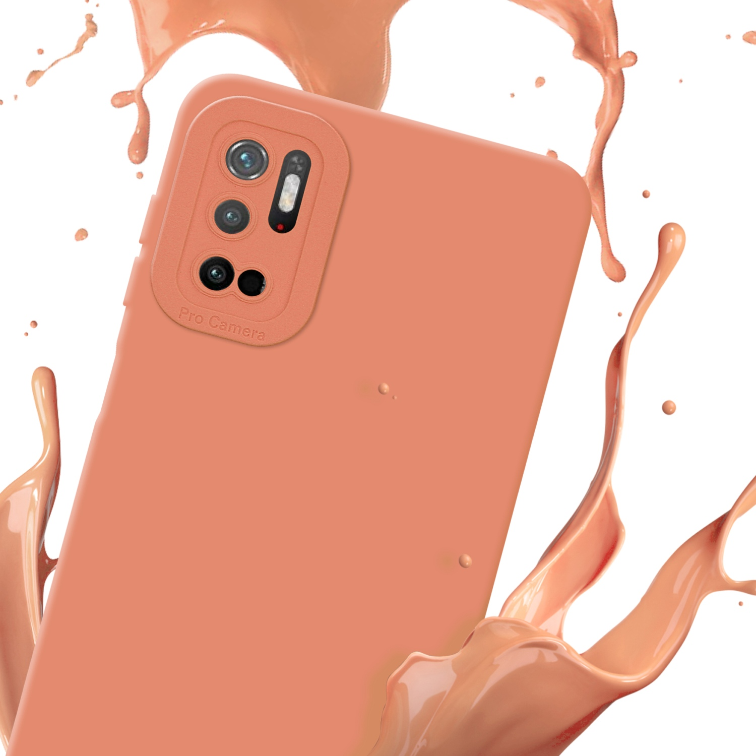 Telefono arancione con custodia e schizzi di liquido. Vista da vicino.
