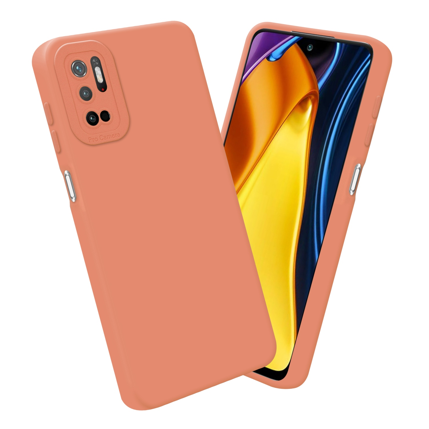 Una custodia arancione per telefono, con un telefono all'interno e una seconda custodia arancione.