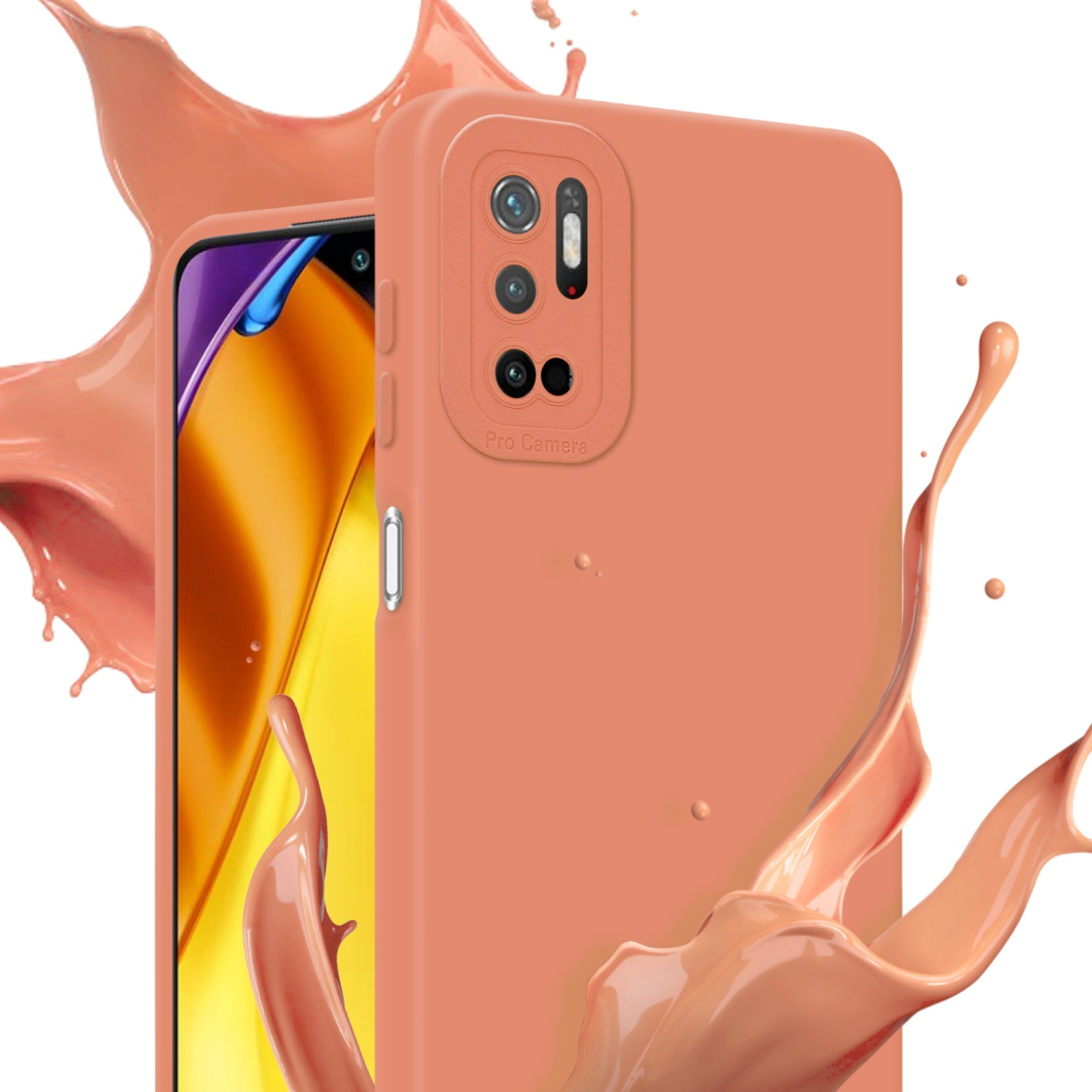 Custodia per telefono color corallo con effetto splash. La custodia ha un rigonfiamento per la fotocamera e uno schermo.