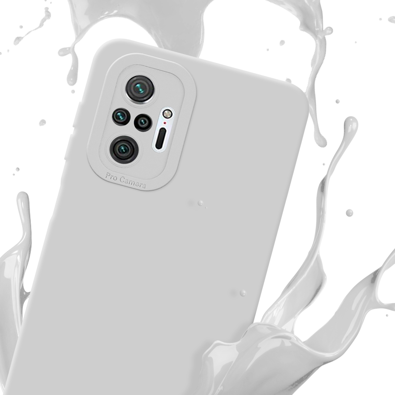 Weiße Handyhülle mit einem Spritzer weißer Farbe, mit einem Telefon darin.