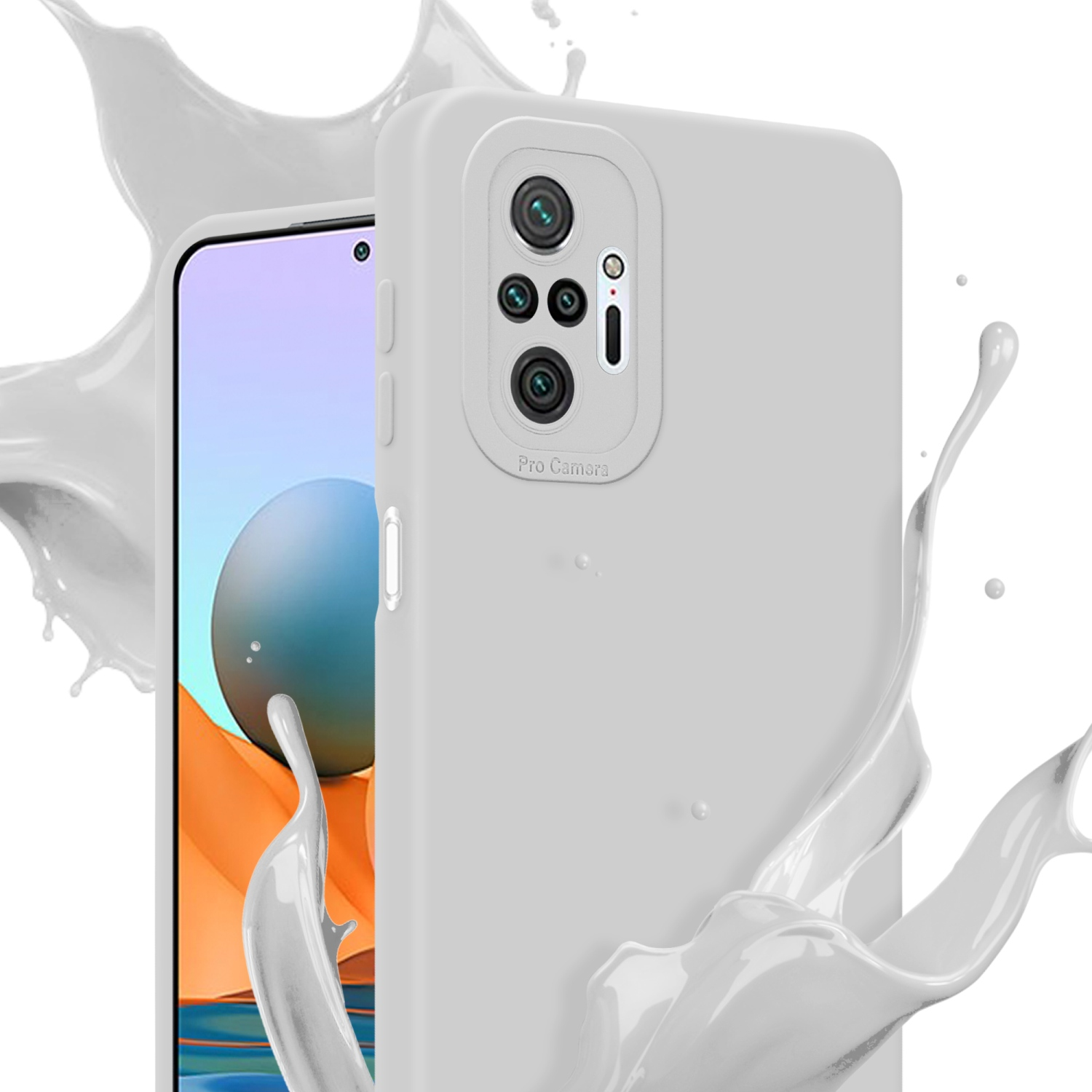 Weiße Handyhülle mit Telefonbildschirm und weißen Farbspritzern.
