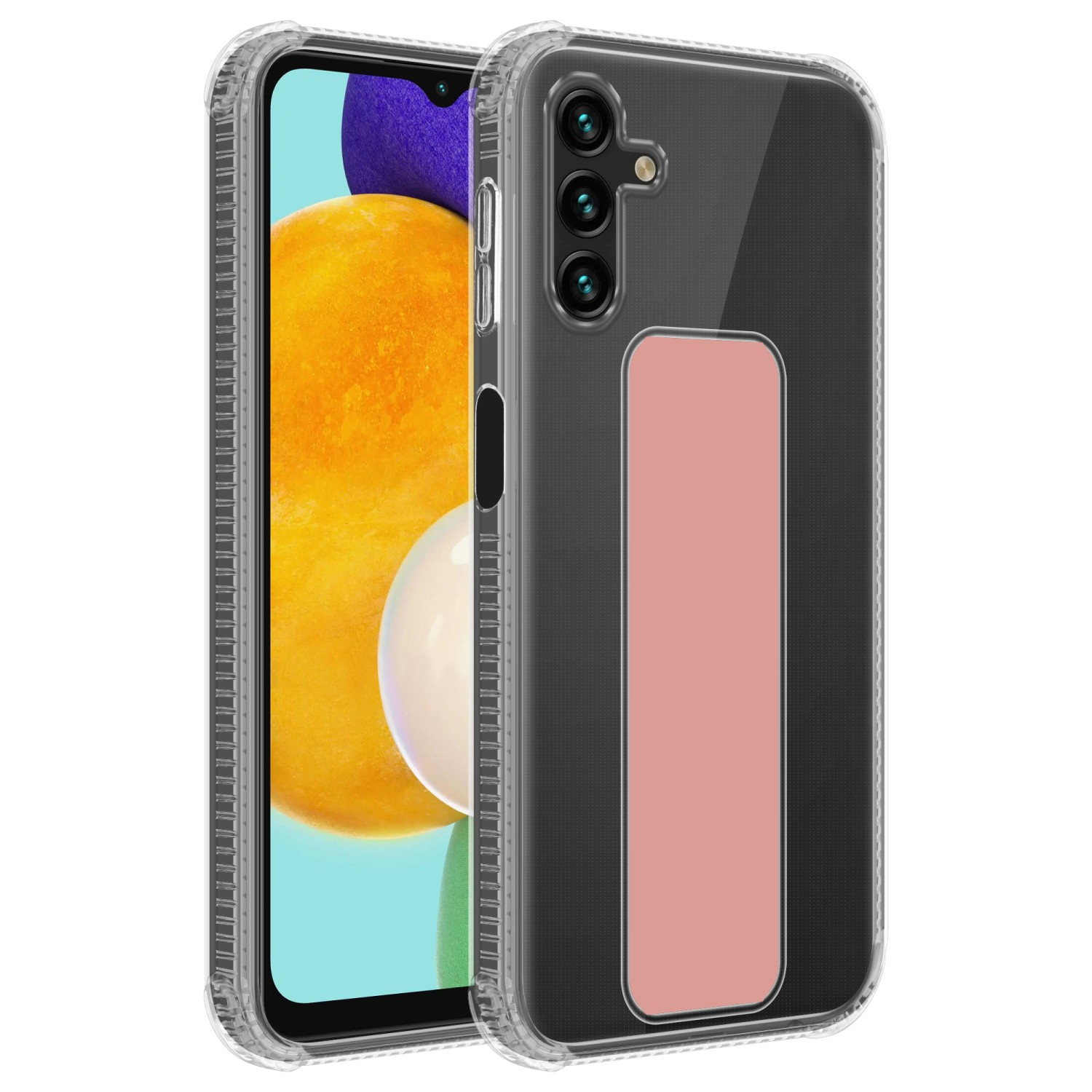 Transparente Handyhülle auf einem Telefon. Die Hülle ist klar mit einem rosa Rechteck auf der Rückseite.