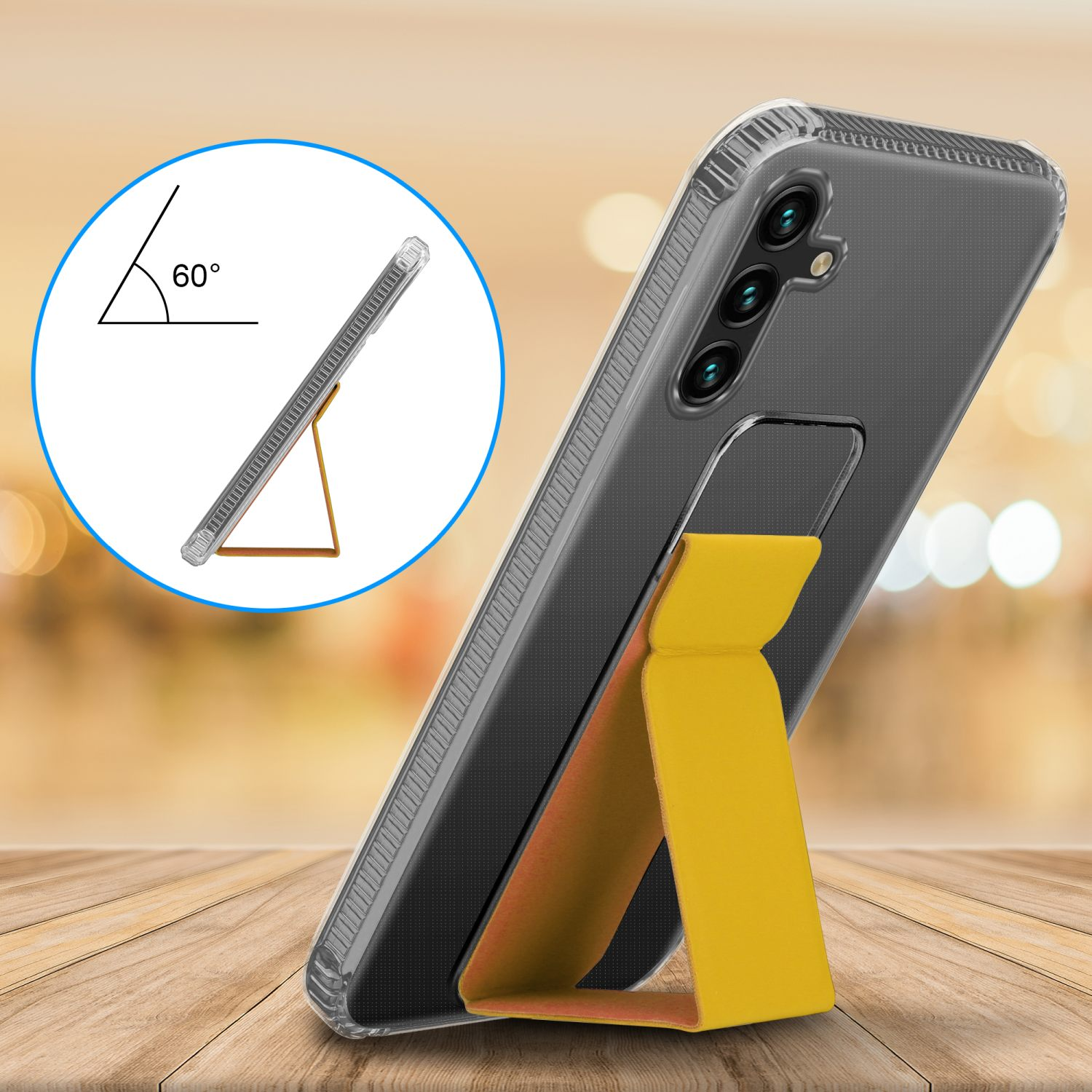 Telefon in transparenter Hülle mit gelbem Ständer.