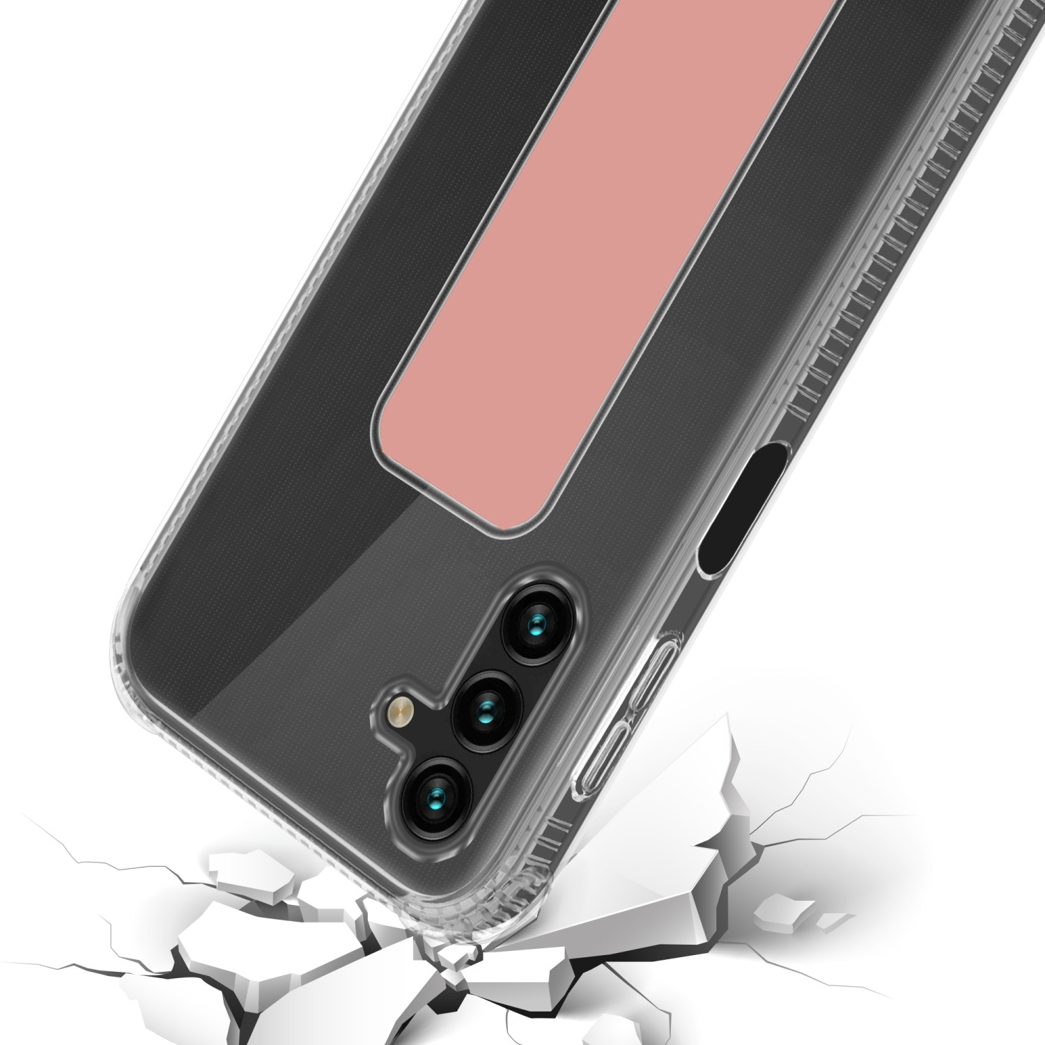 Transparente Handyhülle mit Telefon darin. Die Hülle liegt auf einer zerbrochenen Oberfläche. Weißer Hintergrund.