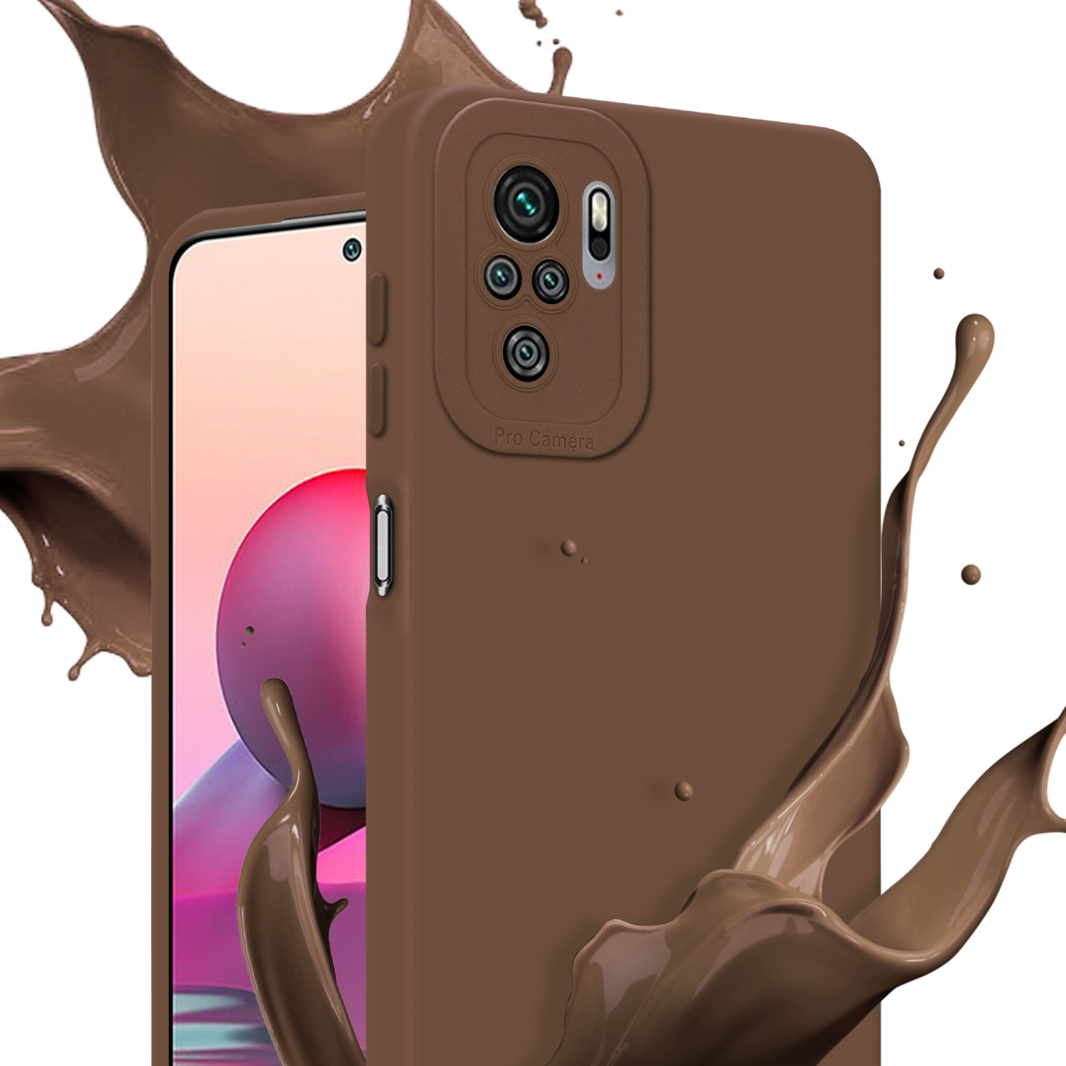 Custodia marrone con schizzo di cioccolato a destra, schermo visibile.