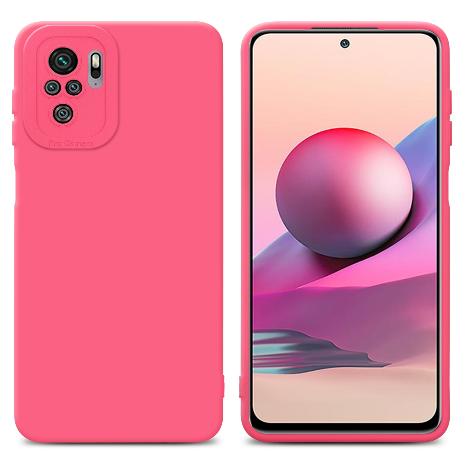 Due custodie per telefono, rosa, che mostrano la parte anteriore e posteriore. Uno ha un telefono con un'immagine rotonda.