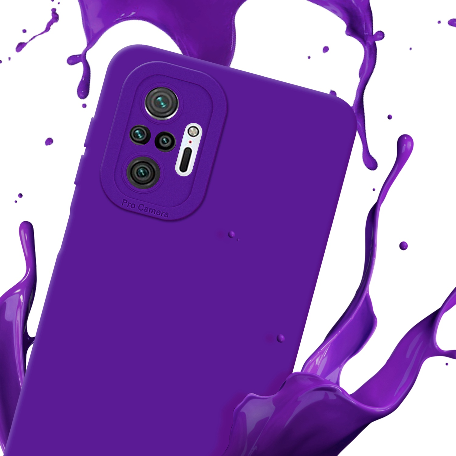 Une coque de téléphone violette avec une découpe pour l'appareil photo est éclaboussée de peinture violette.