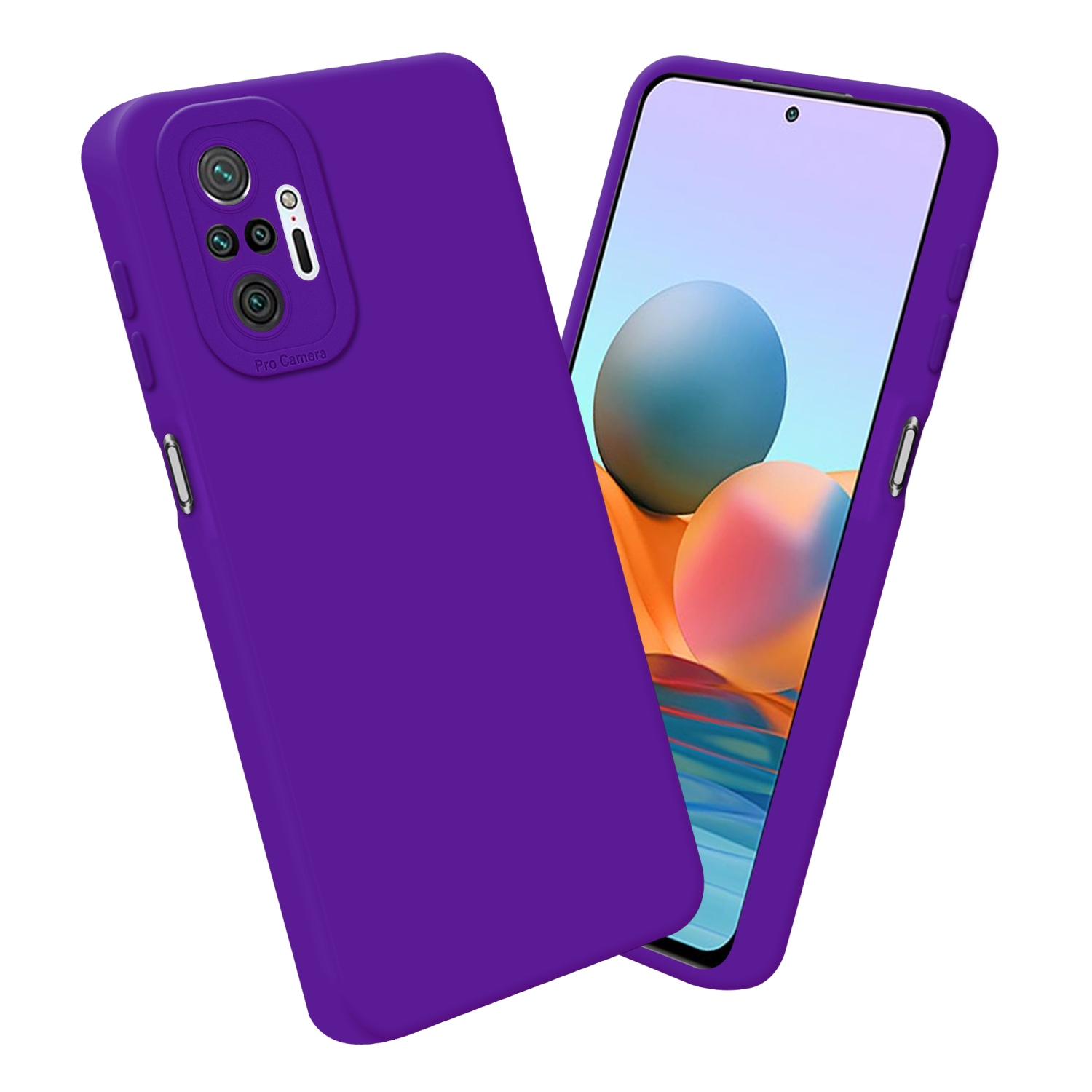Deux coques de téléphone pourpres, une affichant un écran. Fond blanc.
