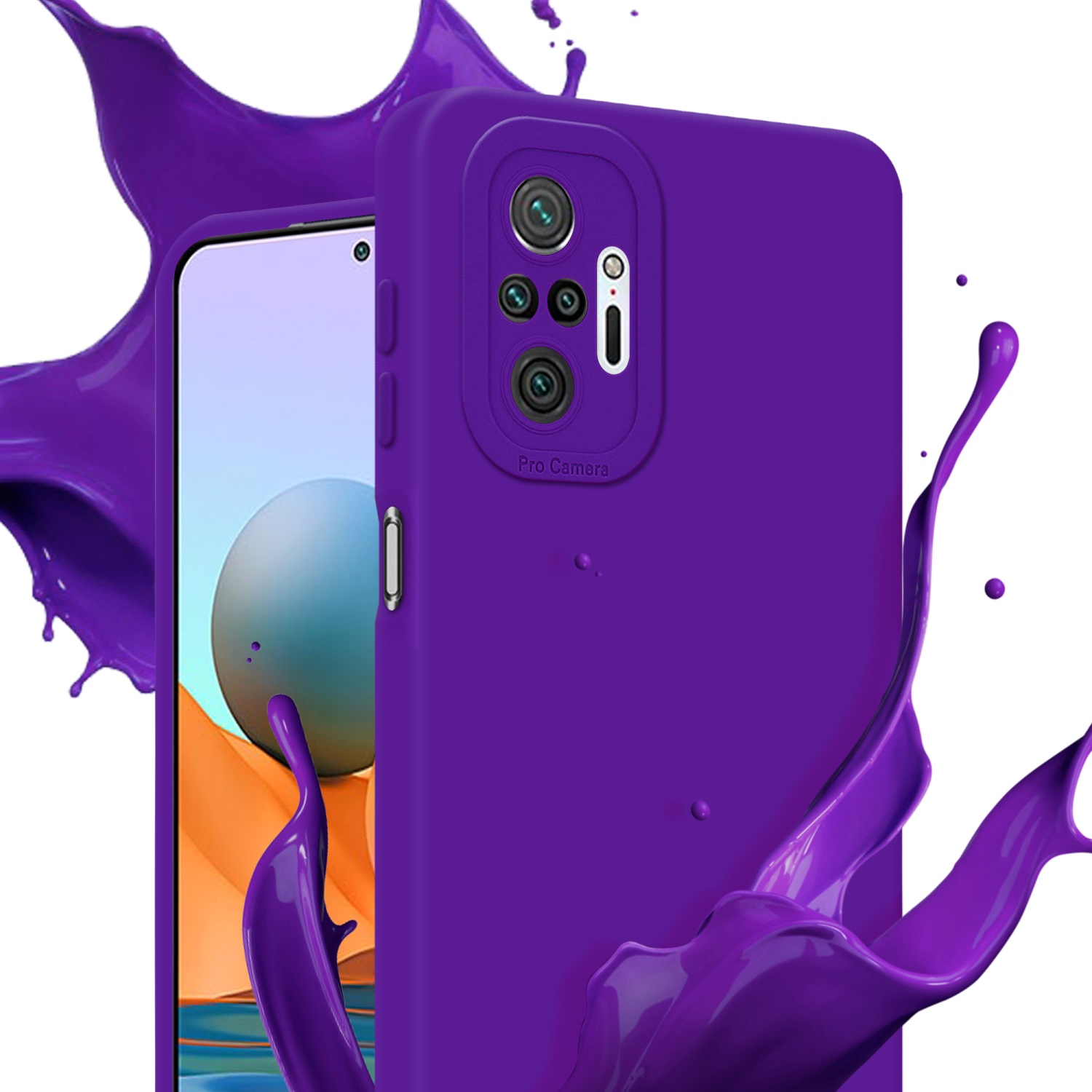 Coque et téléphone violets, avec des éclaboussures de peinture violette.