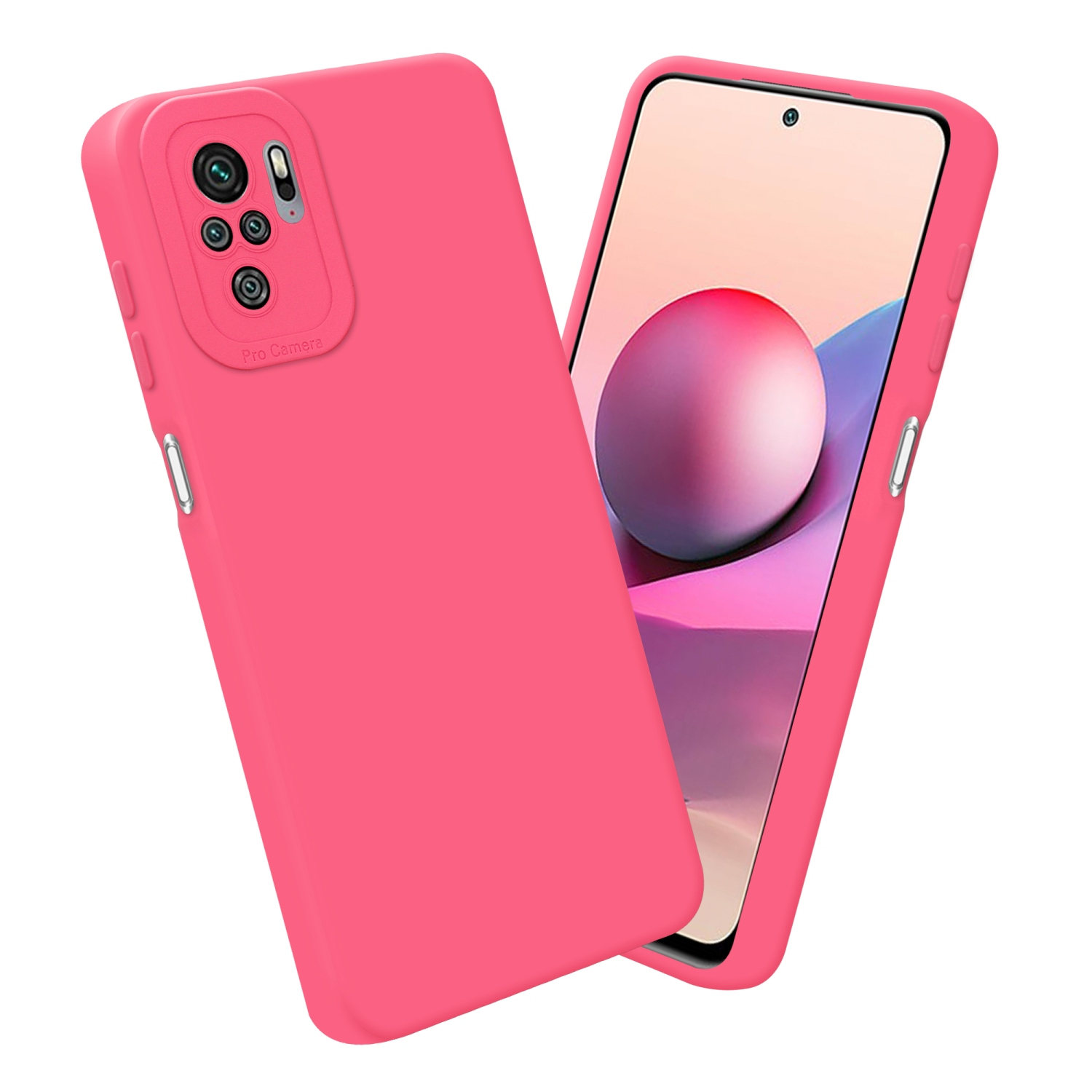 Custodia rosa con protuberanza della fotocamera. Schermo mostra sfondo colorato. Sfondo bianco.