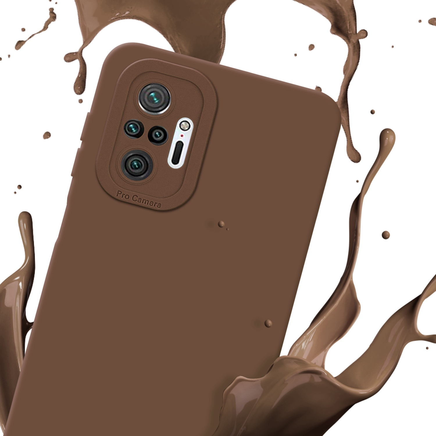 Custodia per telefono marrone su bianco, con schizzi di cioccolato. La custodia ha una fotocamera e il testo della fotocamera pro.