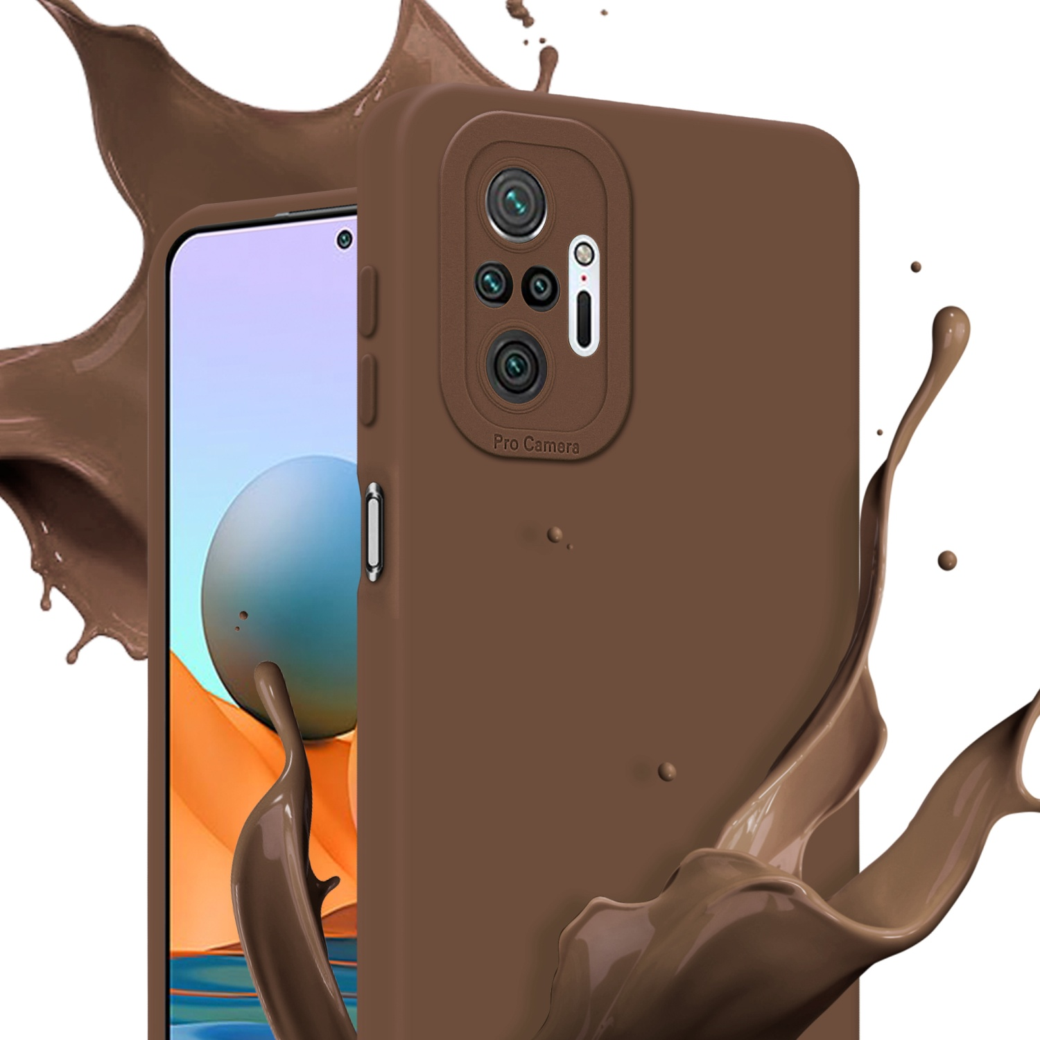 Custodia marrone per telefono con telefono all'interno, con schizzi di liquido marrone su sfondo bianco.