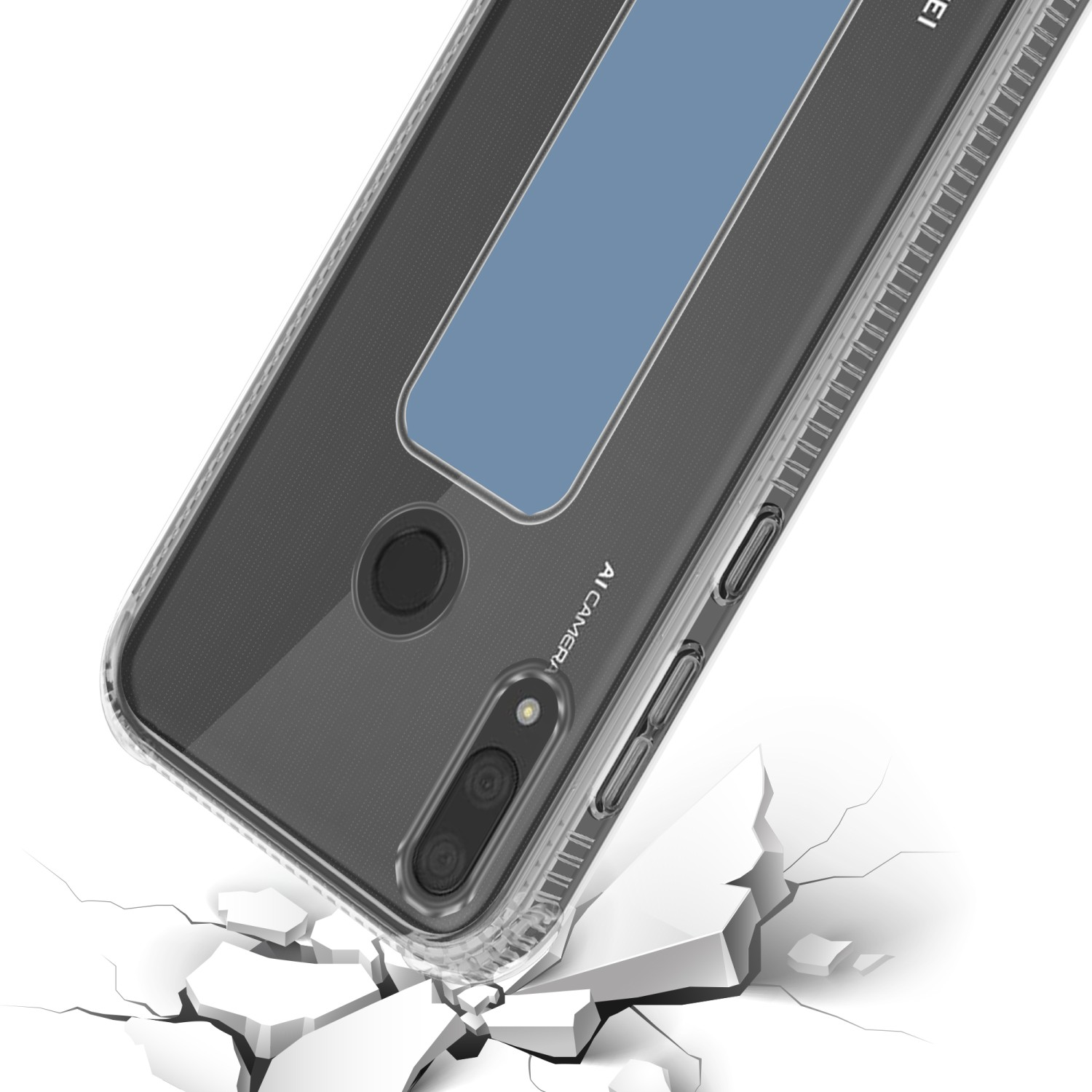 Transparente Handyhülle mit Telefon, auf zerbrochener Oberfläche, weißer Hintergrund.