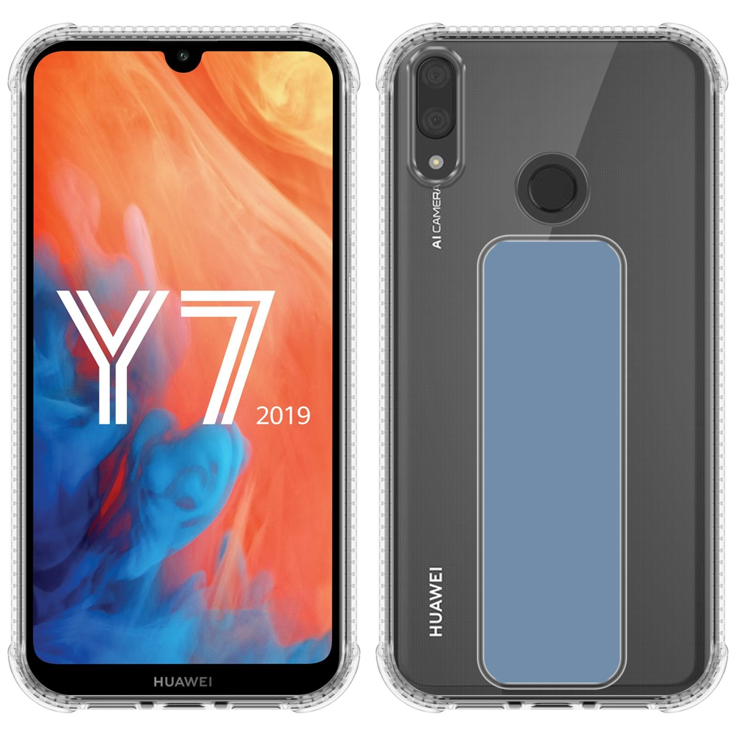 Telefon mit klarer Hülle. Zeigt Telefon und Text "Y7 2019" auf dem Bildschirm.