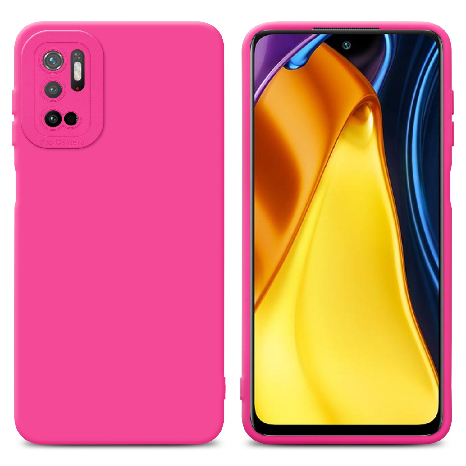 Una custodia rosa per telefono e un telefono con uno sfondo dinamico sullo schermo.