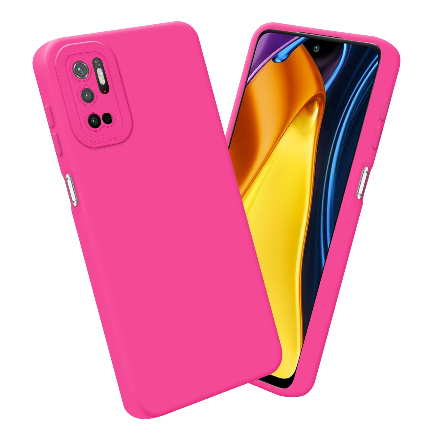Due custodie per telefono rosa. Una è di lato, l'altra ha un telefono dentro. Sfondo bianco.
