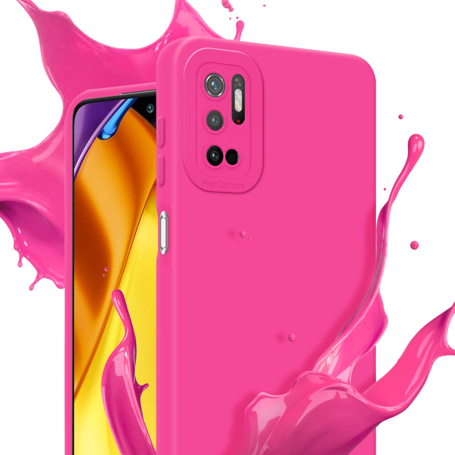 Custodia rosa con foro fotocamera, schizzo di liquido rosa su sfondo bianco.