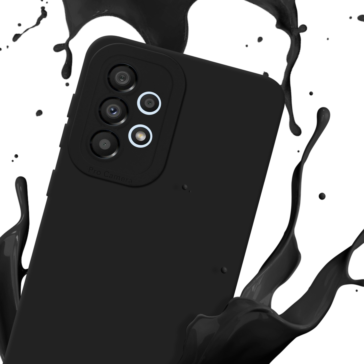 Custodia nera per telefono con lenti della fotocamera visibili, schizzo di vernice nera sullo sfondo.
