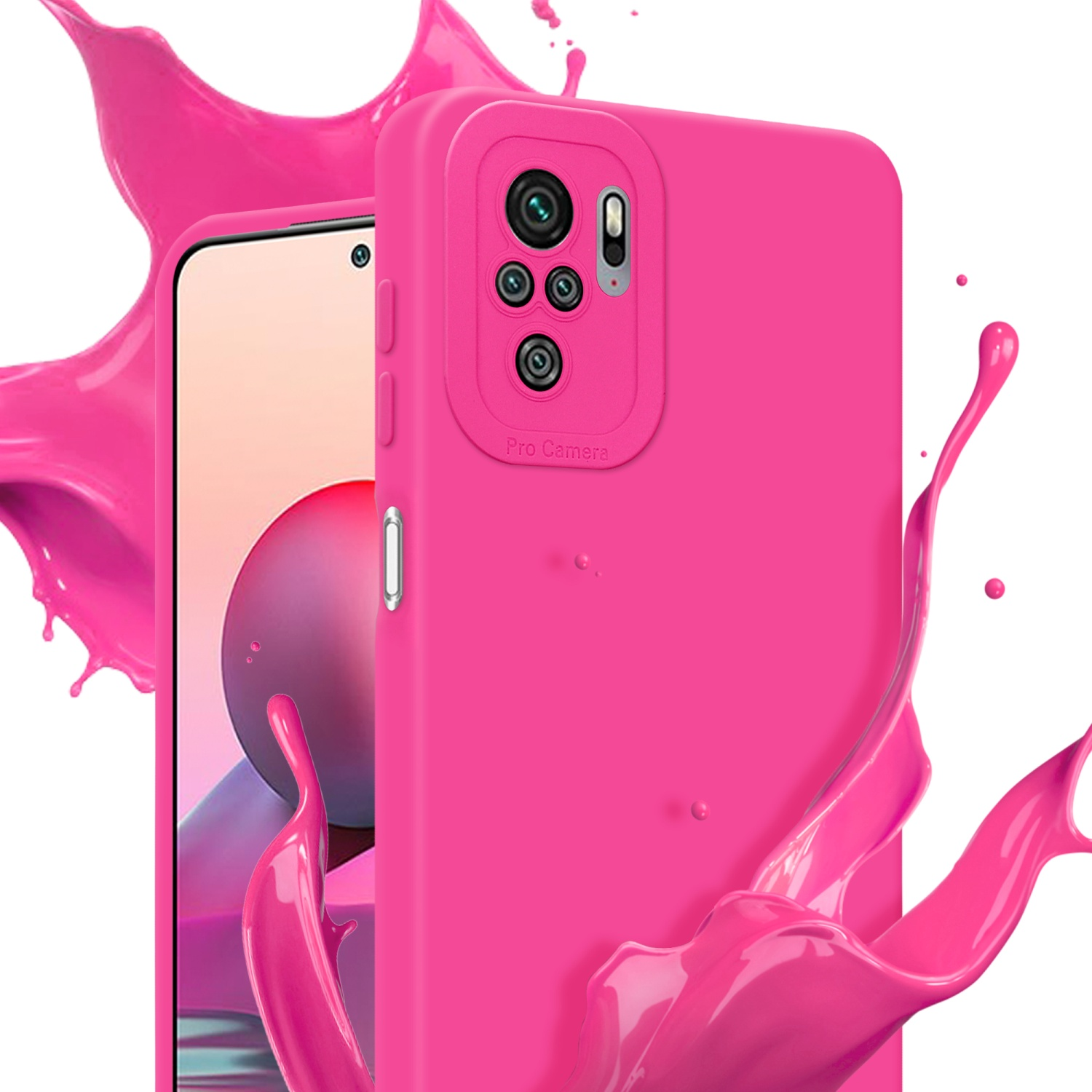 Viene mostrata una custodia per telefono rosa con effetto splash.