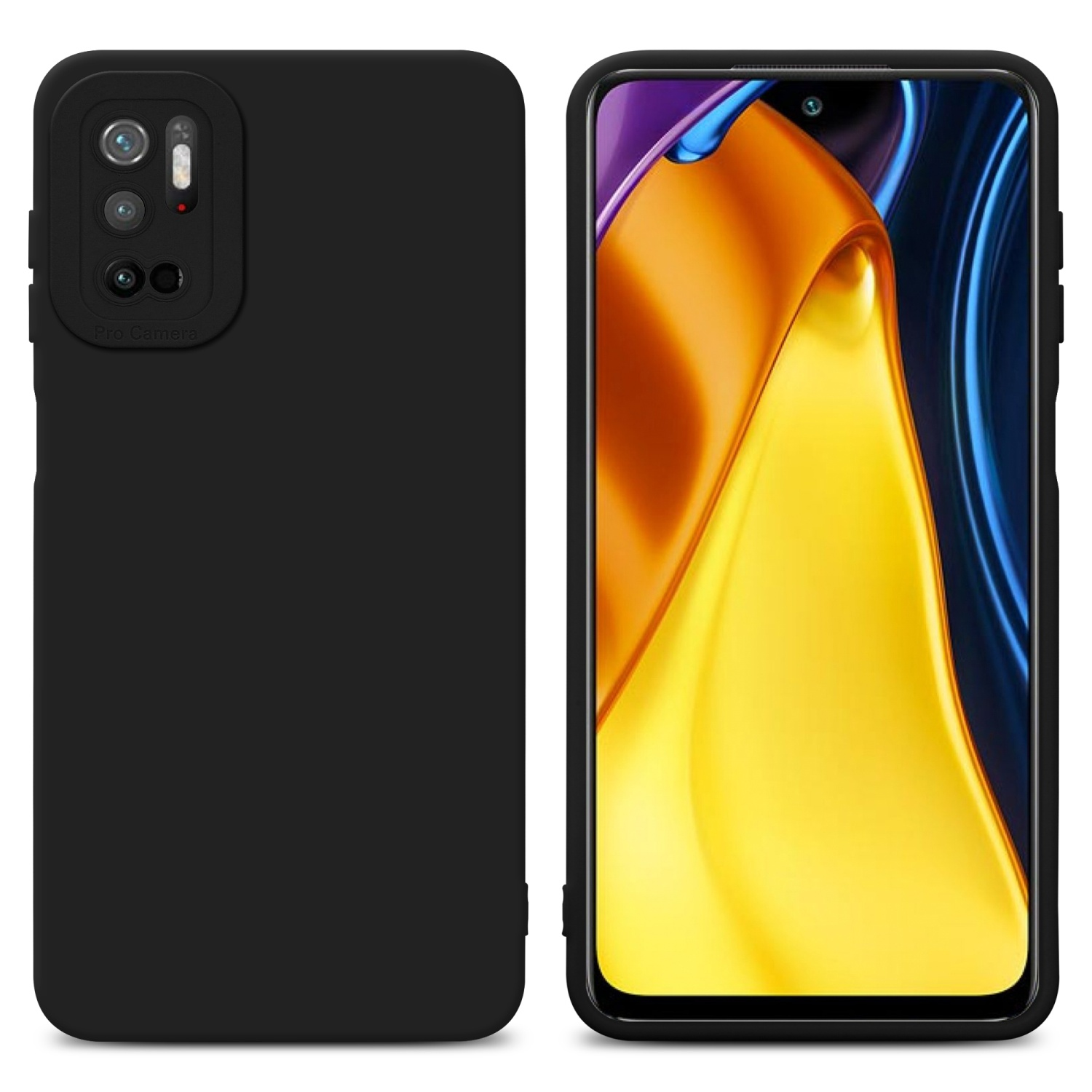 Custodia nera e schermo del telefono. Fotocamera a sinistra. Il display mostra l'interfaccia utente.