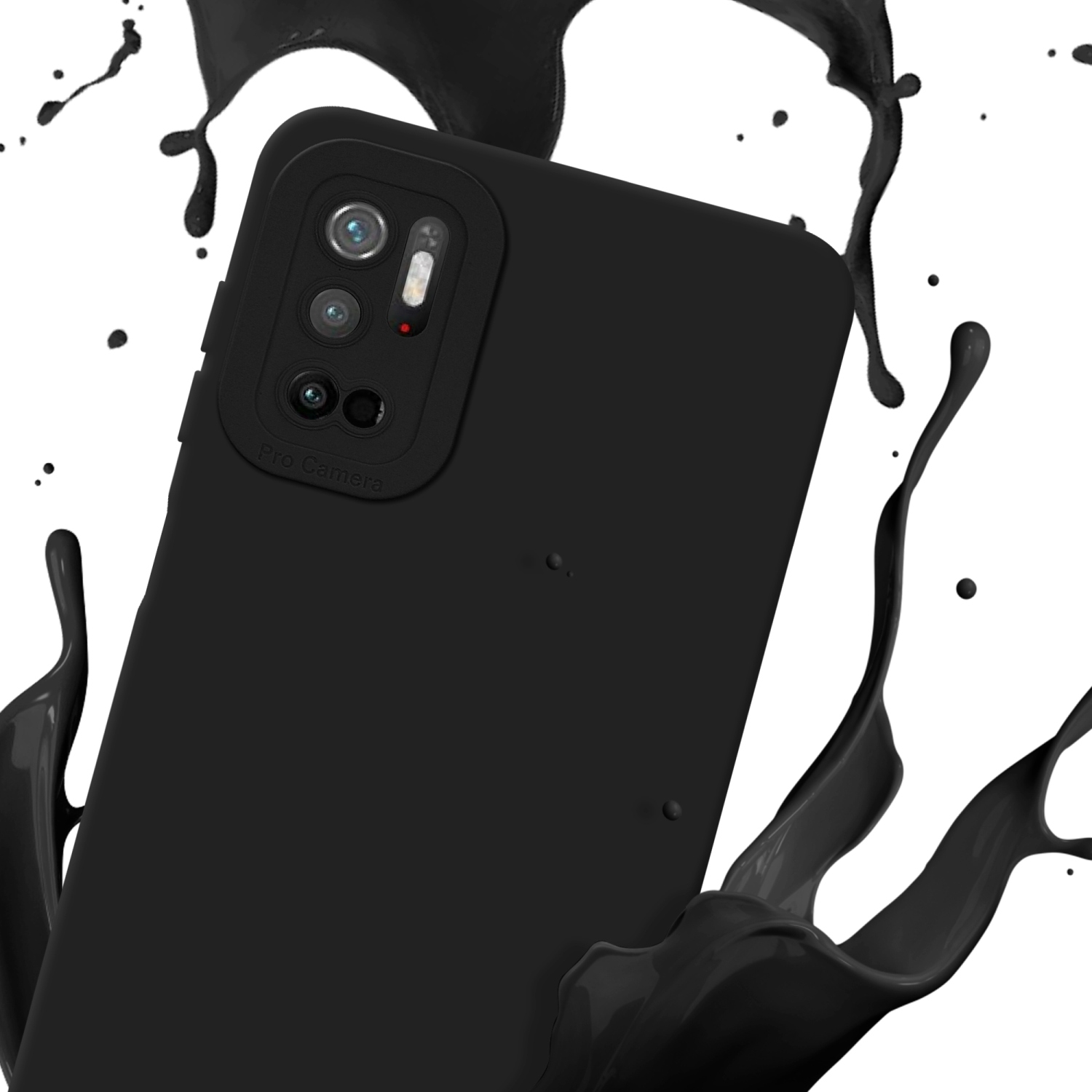 Custodia nera con rialzo fotocamera. Schizzo di liquido nero attorno.
