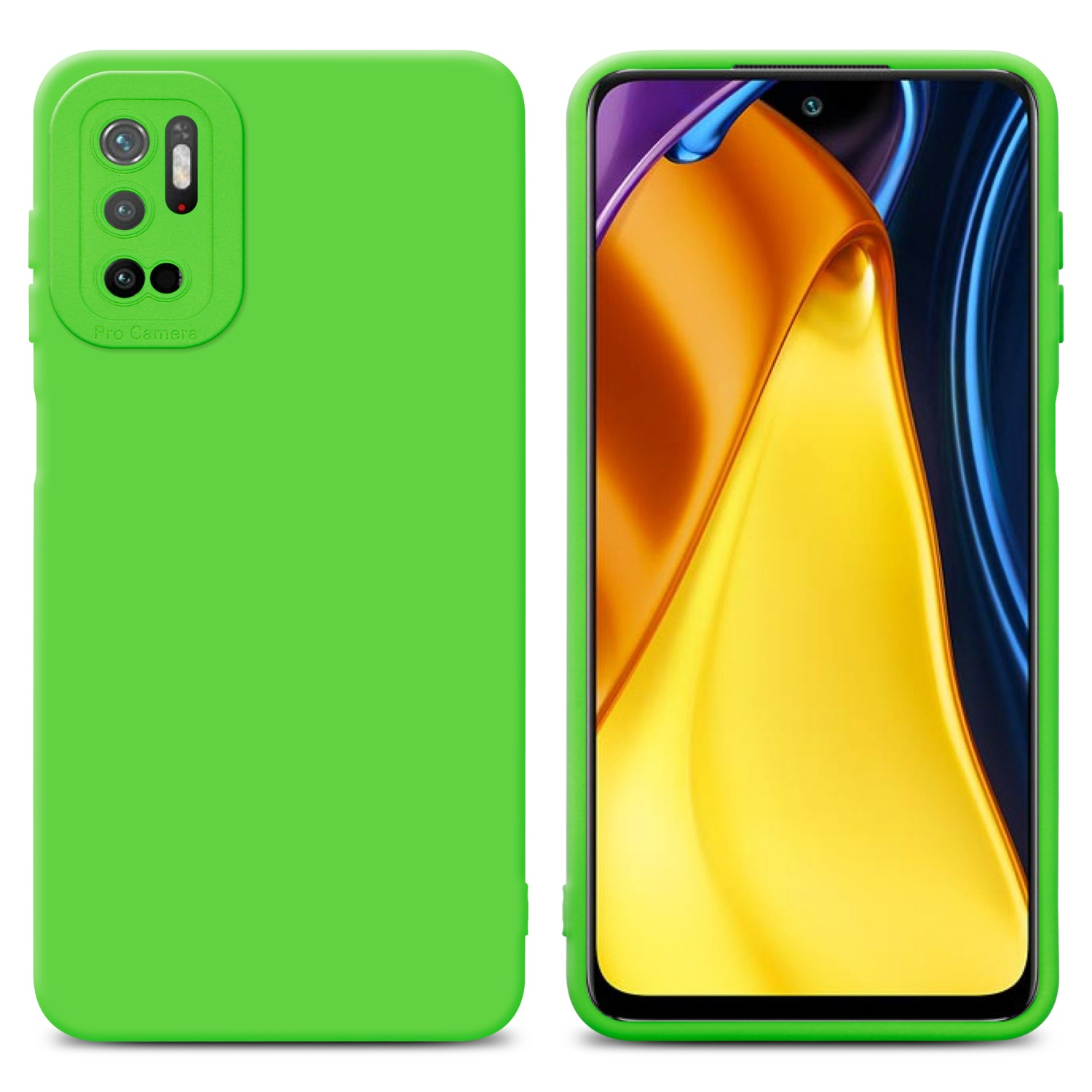 Custodia verde per telefono. Schermo del telefono visibile, oro e giallo. Dettagli fotocamera Pro.