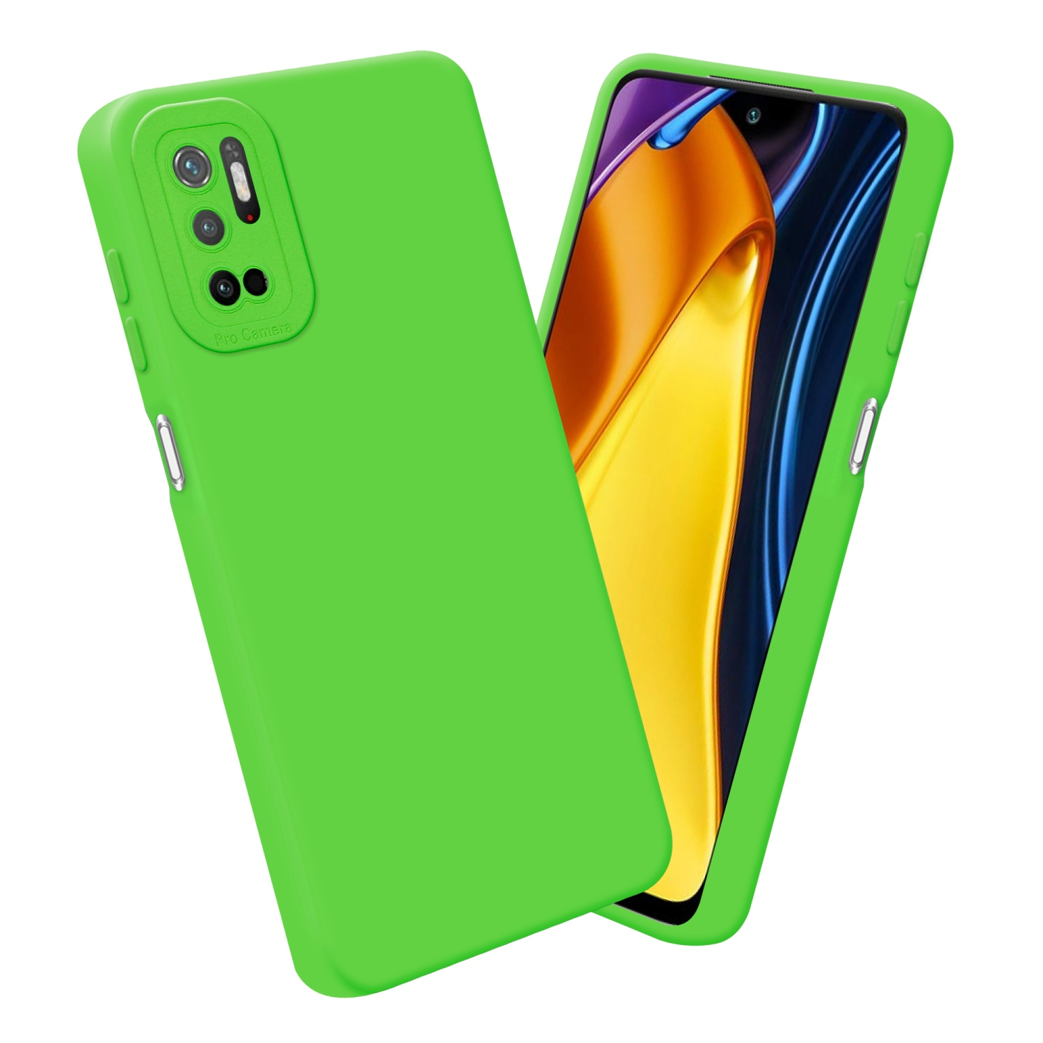Custodia verde su un telefono. Lo schermo mostra un'immagine astratta colorata.
