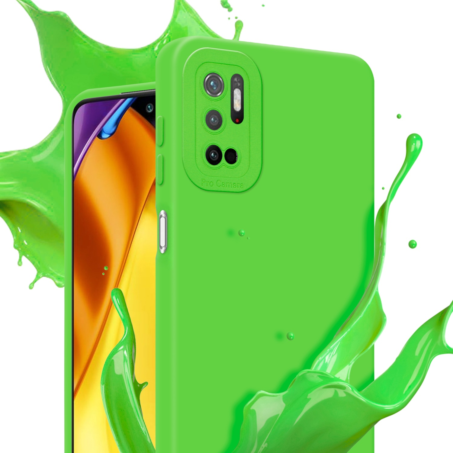Custodia per telefono verde con telefono e schizzo di vernice verde.