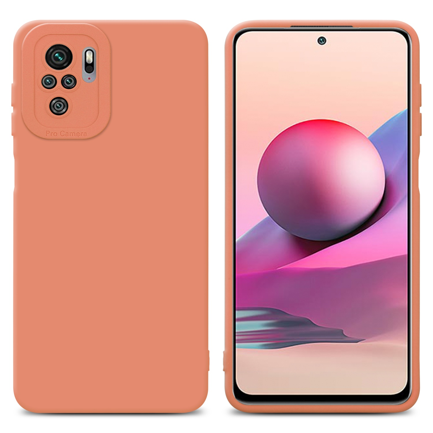 Custodia arancione con telefono davanti. Il telefono mostra una sfera rosa.