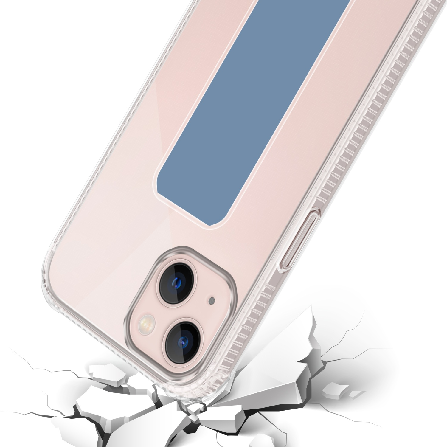 Transparente Handyhülle mit blauem Streifen, die auf eine zerbrochene Oberfläche fällt.
