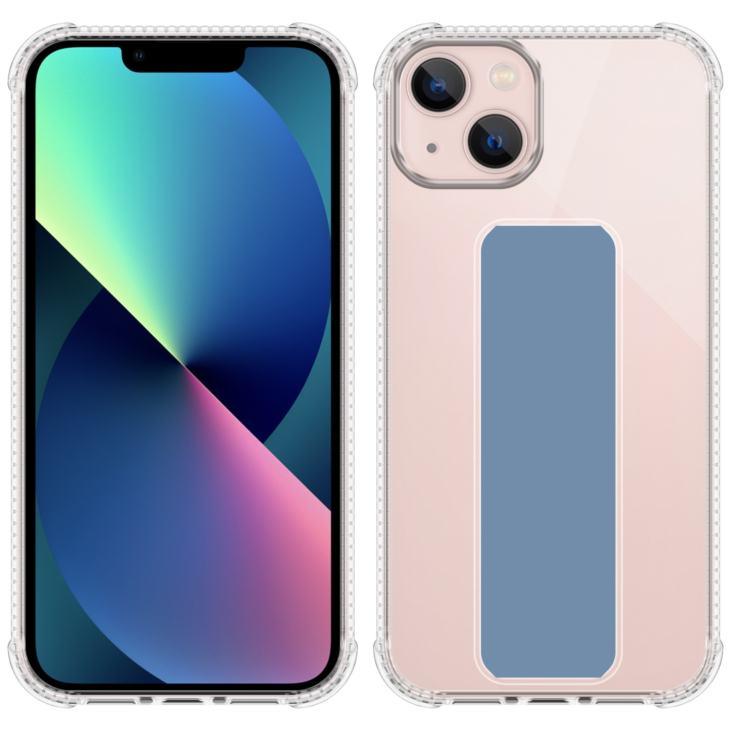 Zwei Telefone nebeneinander. Eines zeigt einen Bildschirm, das andere eine transparente Hülle mit gelber Mitte.