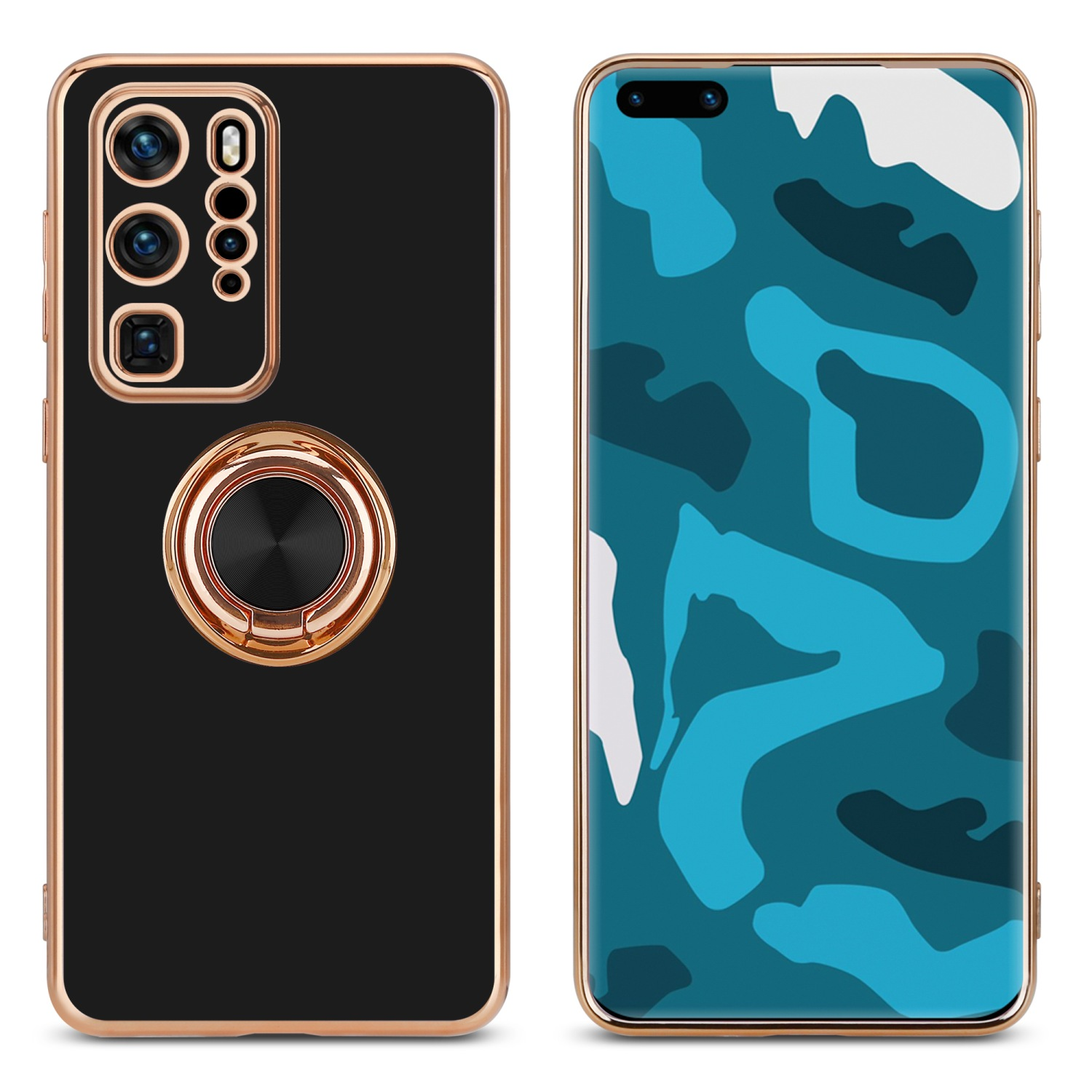 Custodia per telefono nera con finiture dorate, portaanello e un telefono con un design mimetico blu.