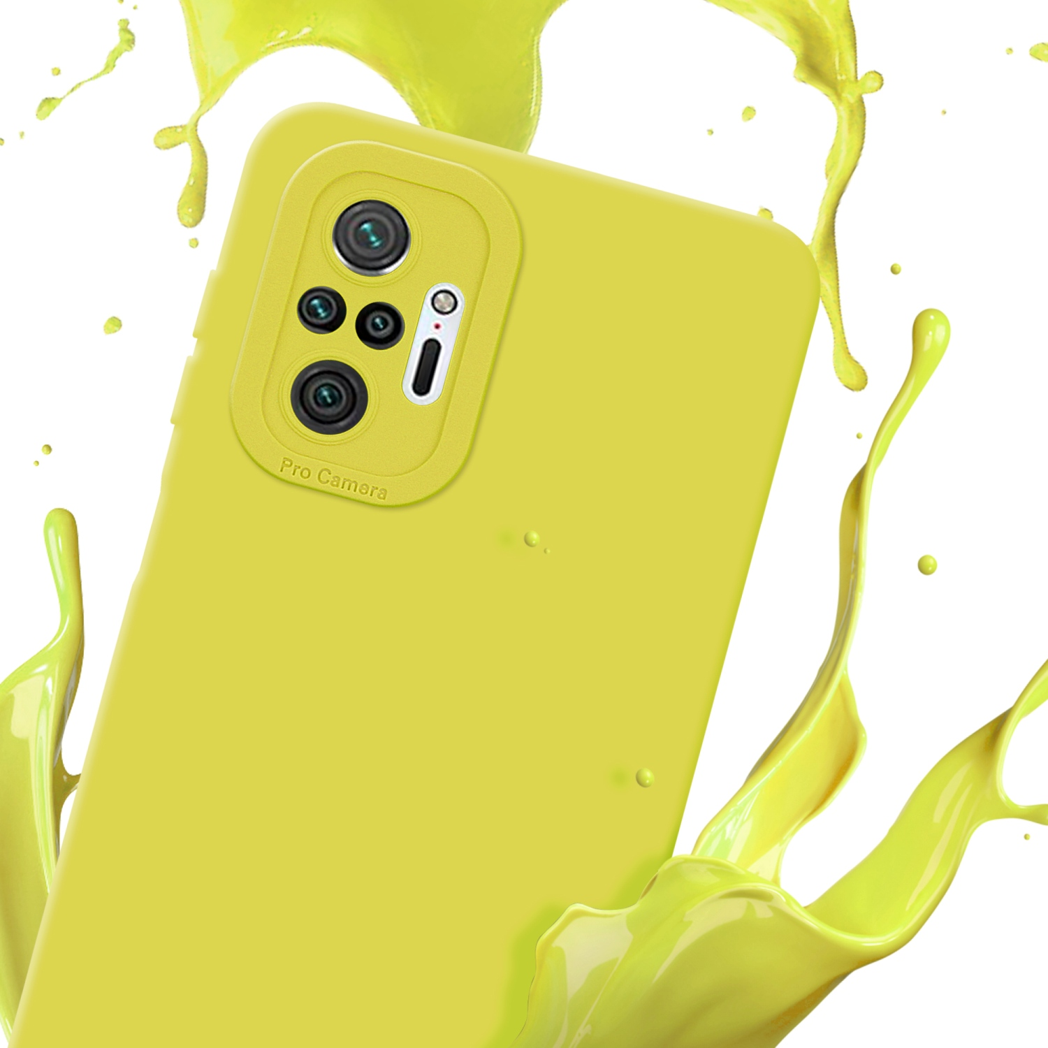 Custodia per telefono gialla con telefono e spruzzo di vernice gialla. Il telefono ha un ritaglio per la fotocamera.
