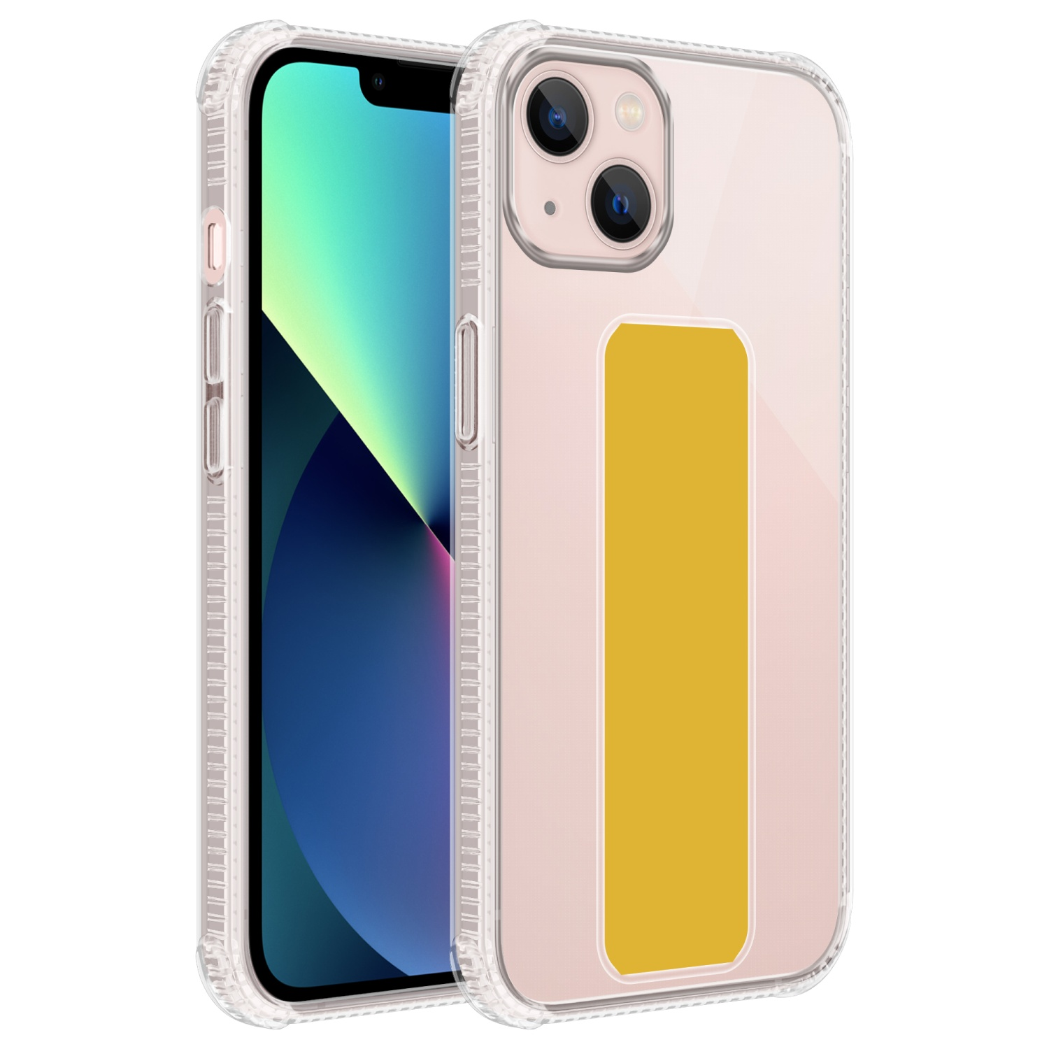 Eine transparente Handyhülle mit gelbem rechteckigem Griff. Das Telefon ist rosa. Die Hülle ist klar.